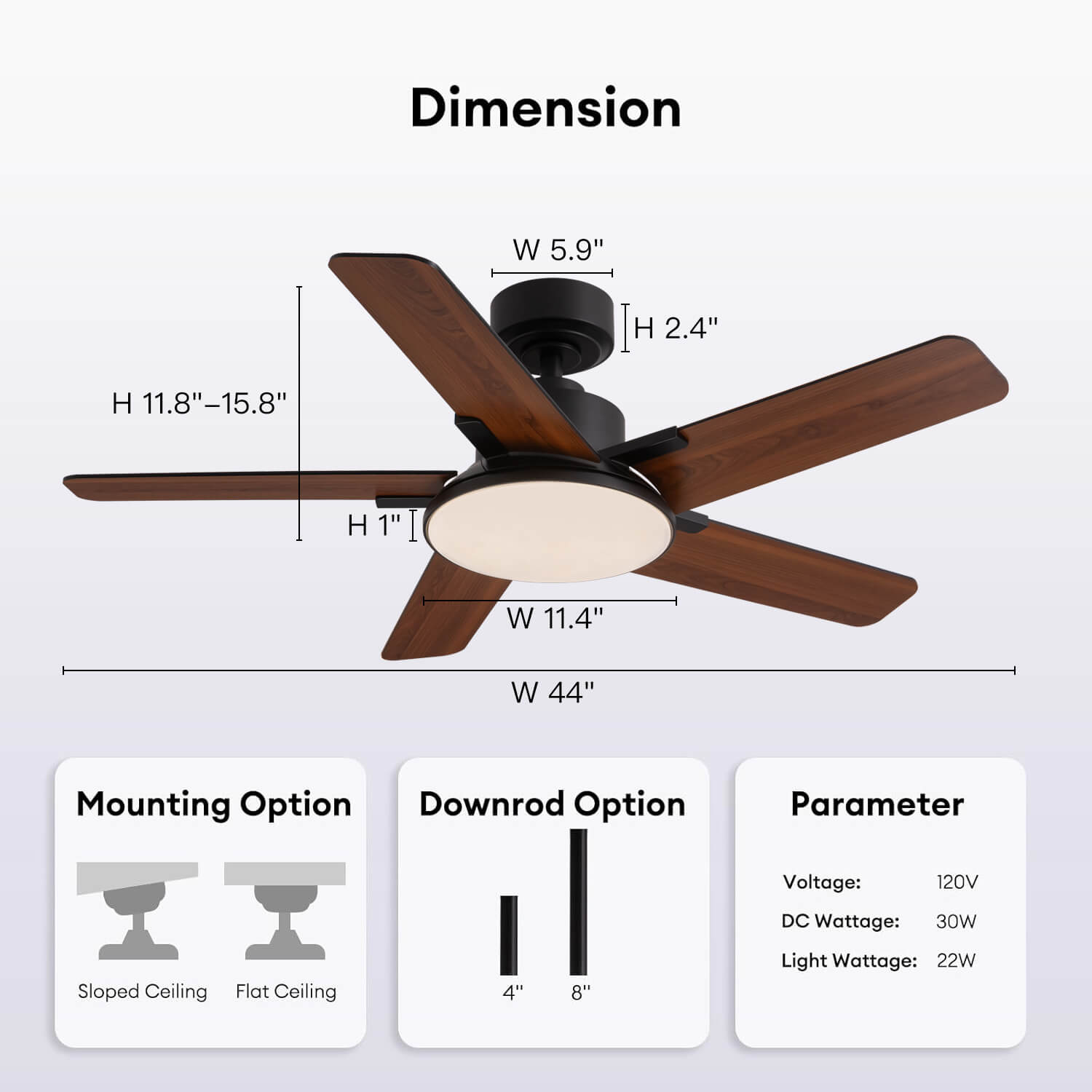 Vero 44" Modern LED Ceiling Fan with Lights & Remote