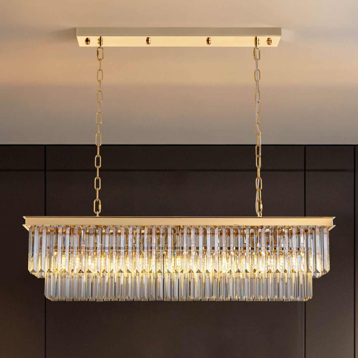 Vespera Luxury Modern Gold Brass Crystal Rectangular Linear Chandelier ...
