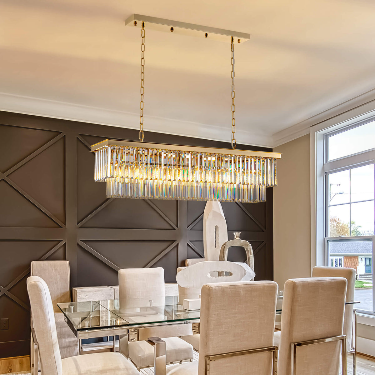 Vespera Luxury Modern Gold Brass Crystal Rectangular Linear Chandelier ...