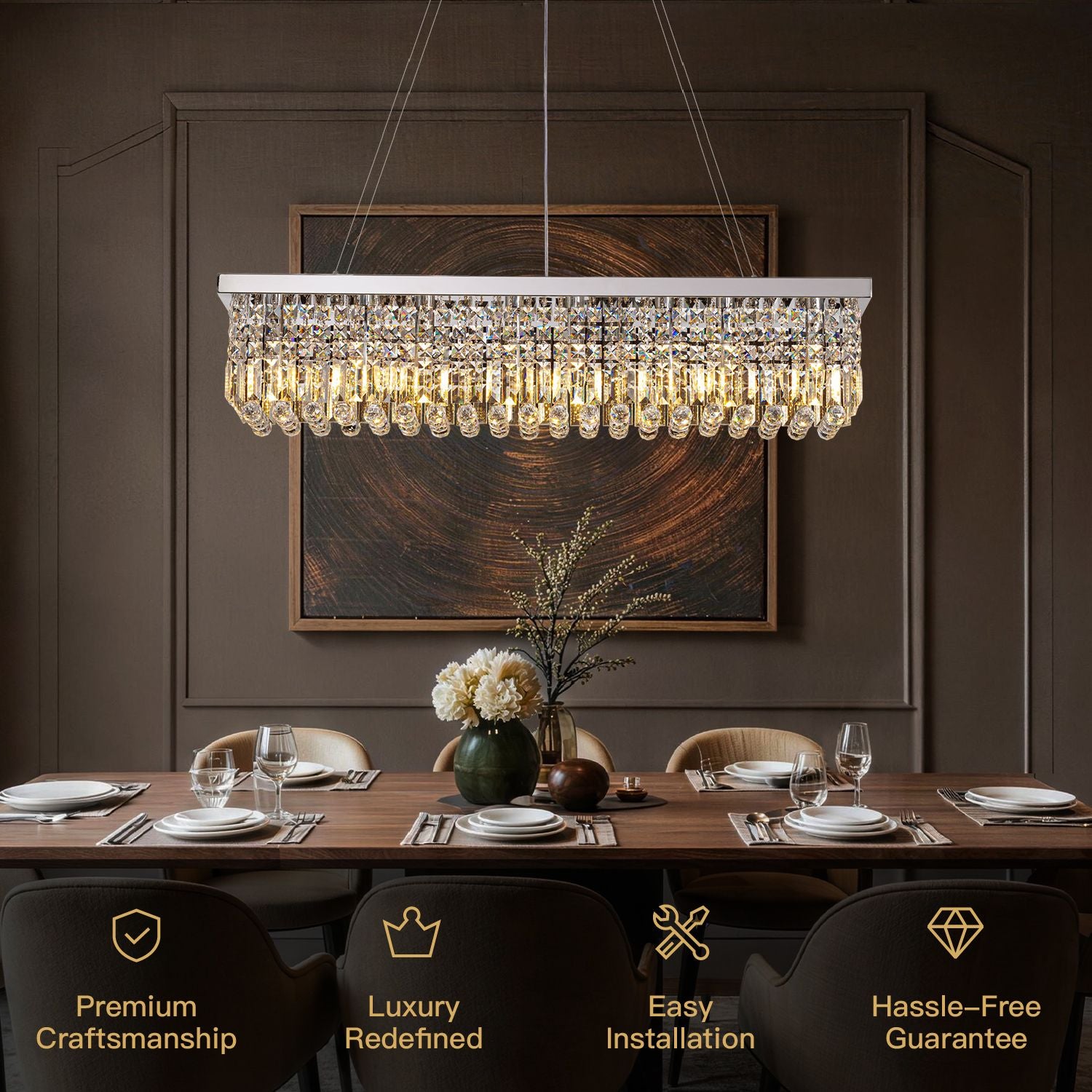 Astra Modern Luxury Chrome K9 Crystal Rectangular Crystal Raindrop Chandelier