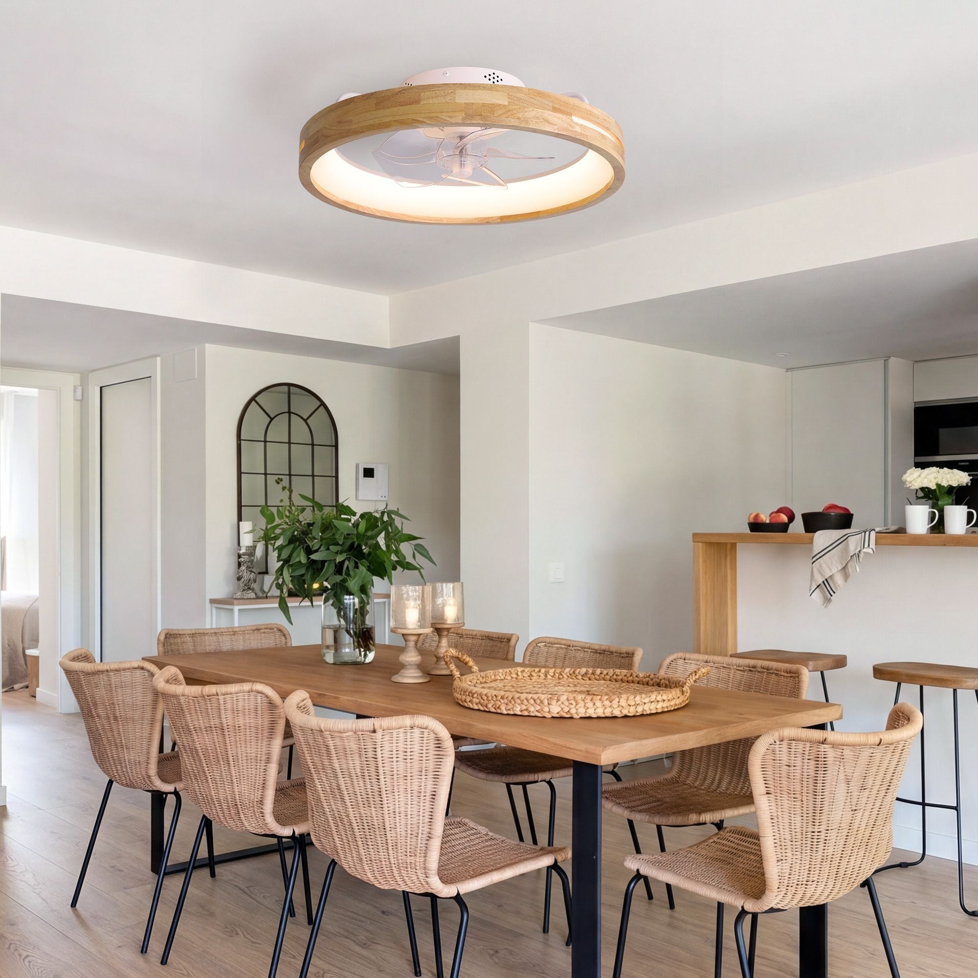 Aeria Wood Grain Ceiling Fan with LED Light in dining room — wooden table, wicker chairs, natural decor, bright airy space with plants | Sofary Lighting