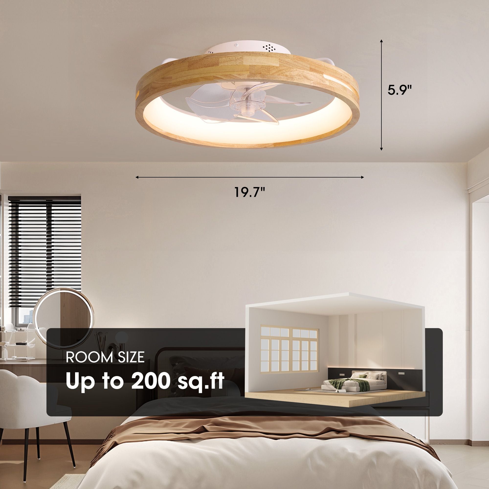 Aeria Ceiling Fan dimensions — 19.7" diameter, 5.9" height, low profile flush mount, suitable for rooms up to 200 sq.ft, bedroom visual reference | Sofary Lighting