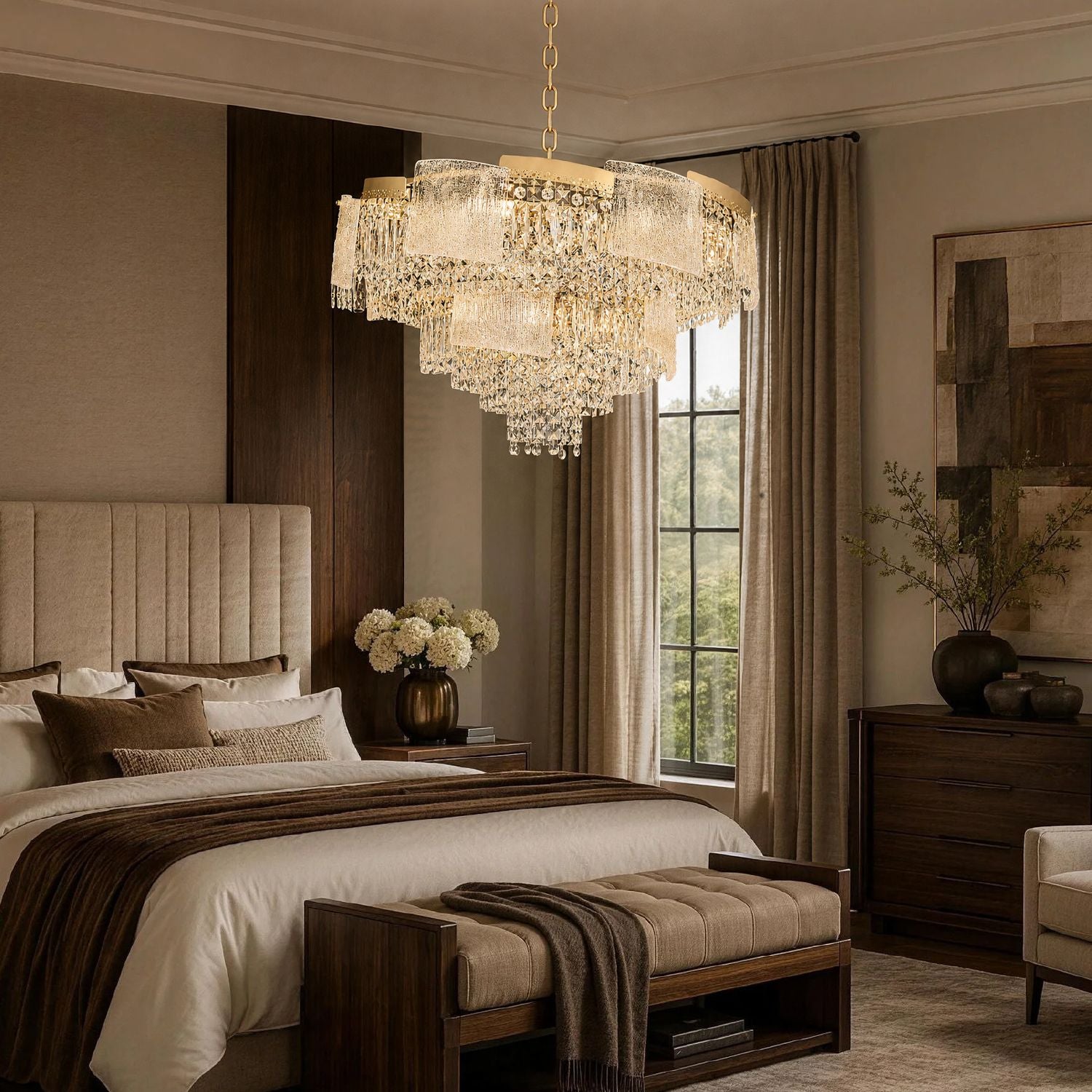 Aeria Crystal Chandelier in romantic bedroom — tufted headboard, layered bedding, large windows, soft golden lighting creates dreamy, luxurious retreat
