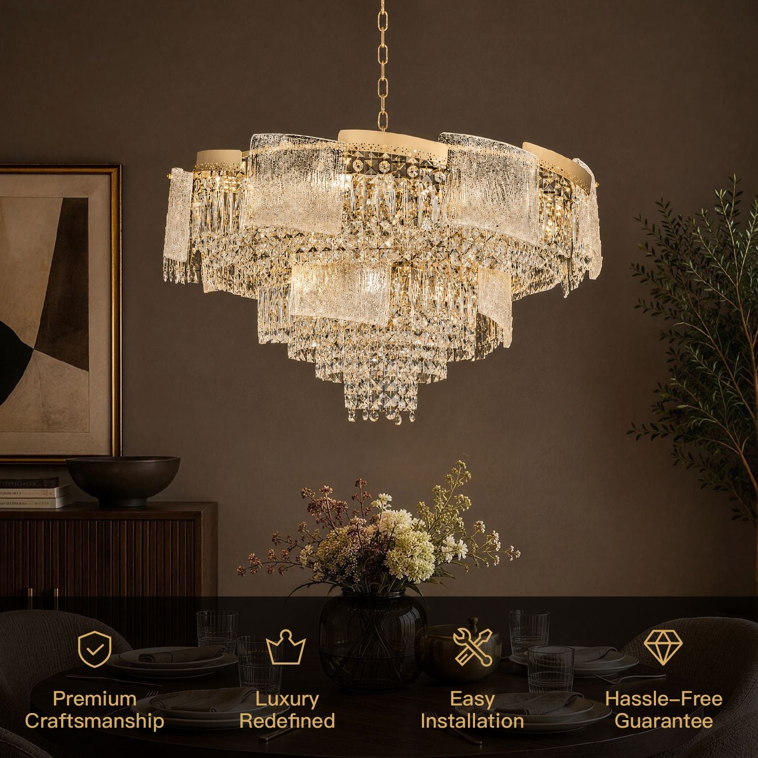 Aeria Crystal Chandelier key features — premium craftsmanship, luxury redefined, easy DIY installation, 30-day hassle-free guarantee for confident purchase