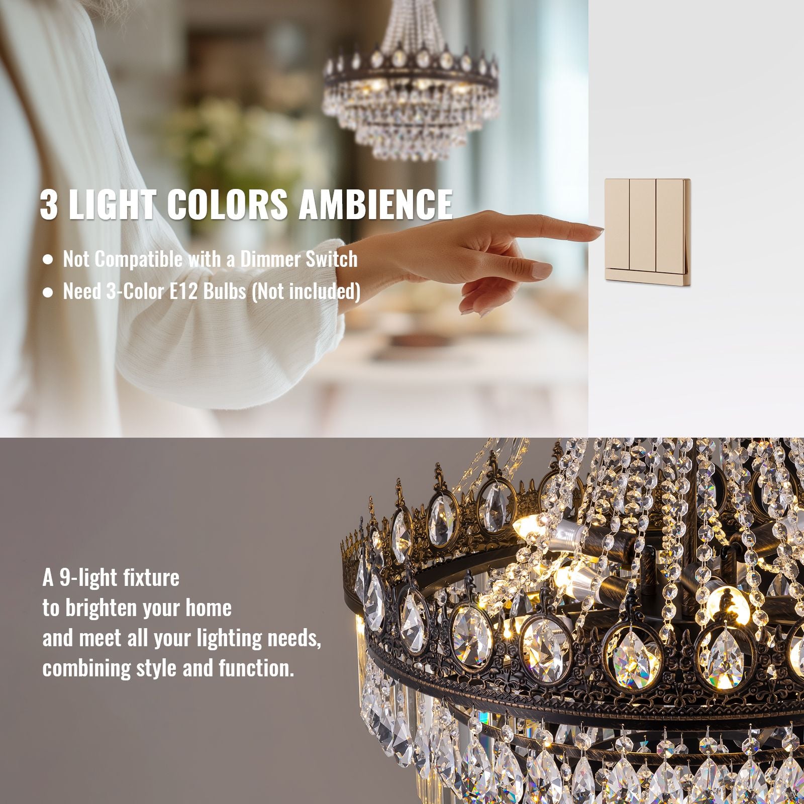 Aerian 9-light K9 crystal chandelier with 3-color E12 bulbs (not included) — warm/neutral/cool ambience, wall switch control, not compatible with dimmer switch | Sofary Lighting