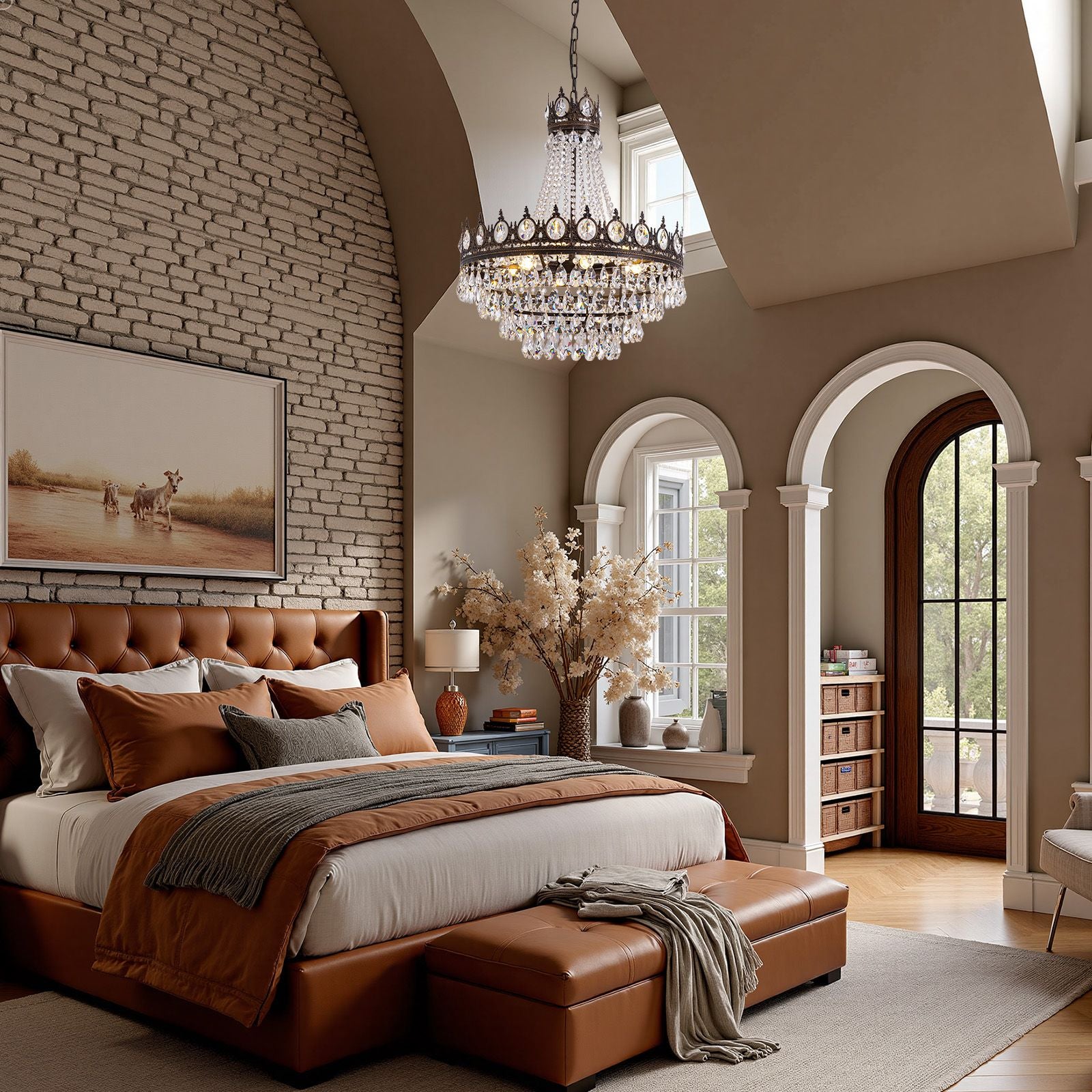Aerian Farmhouse Crystal Chandelier in master bedroom — arched windows, tufted leather headboard, brick wall, vaulted ceiling, romantic vintage luxury | Sofary Lighting
