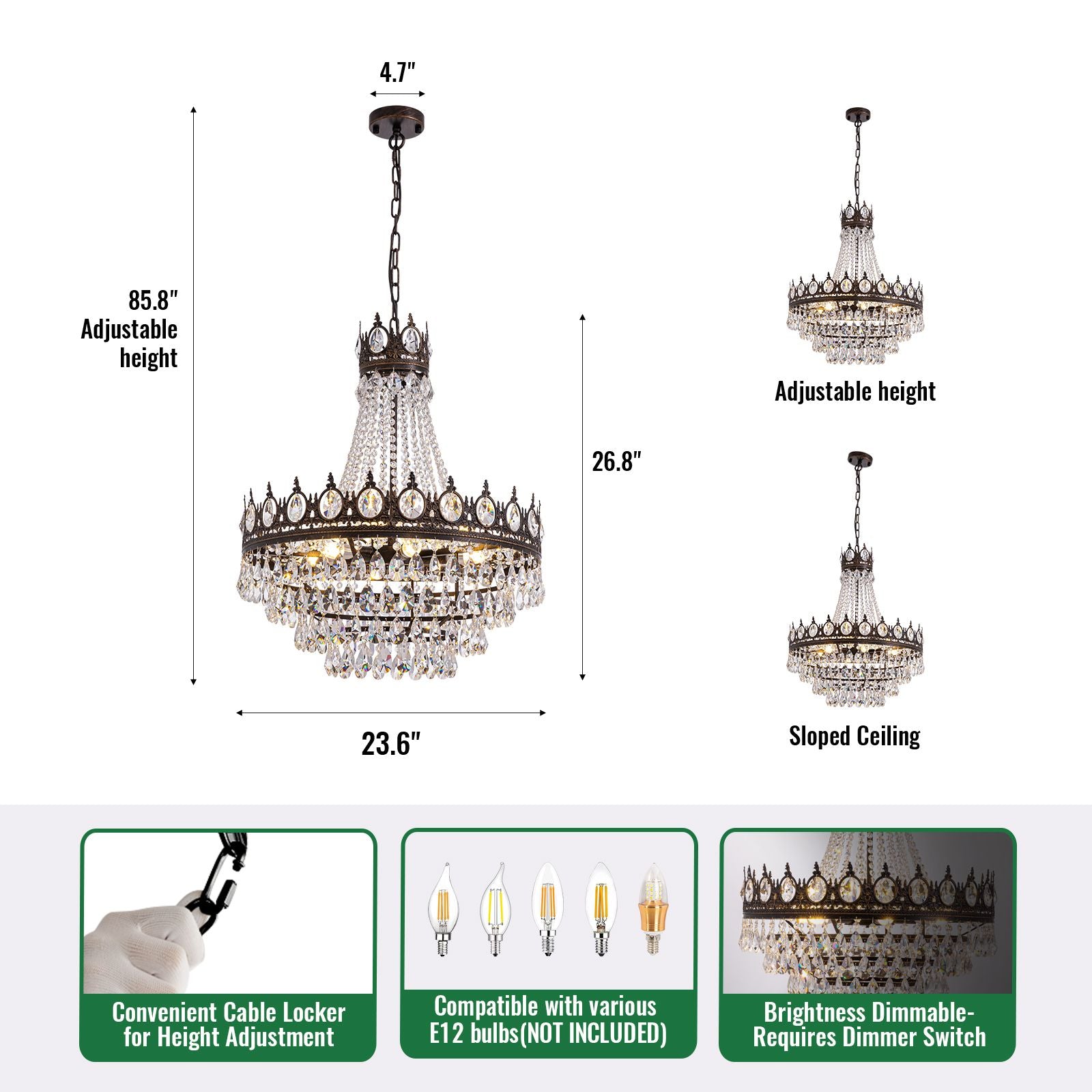 Aerian chandelier dimensions — 23.6" width, 26.8" body height, 85.8" max adjustable hanging height, compatible with sloped ceilings, cable locker for height adjustment, E12 bulbs (not included), dimmer switch required for brightness control | Sofary Lighting