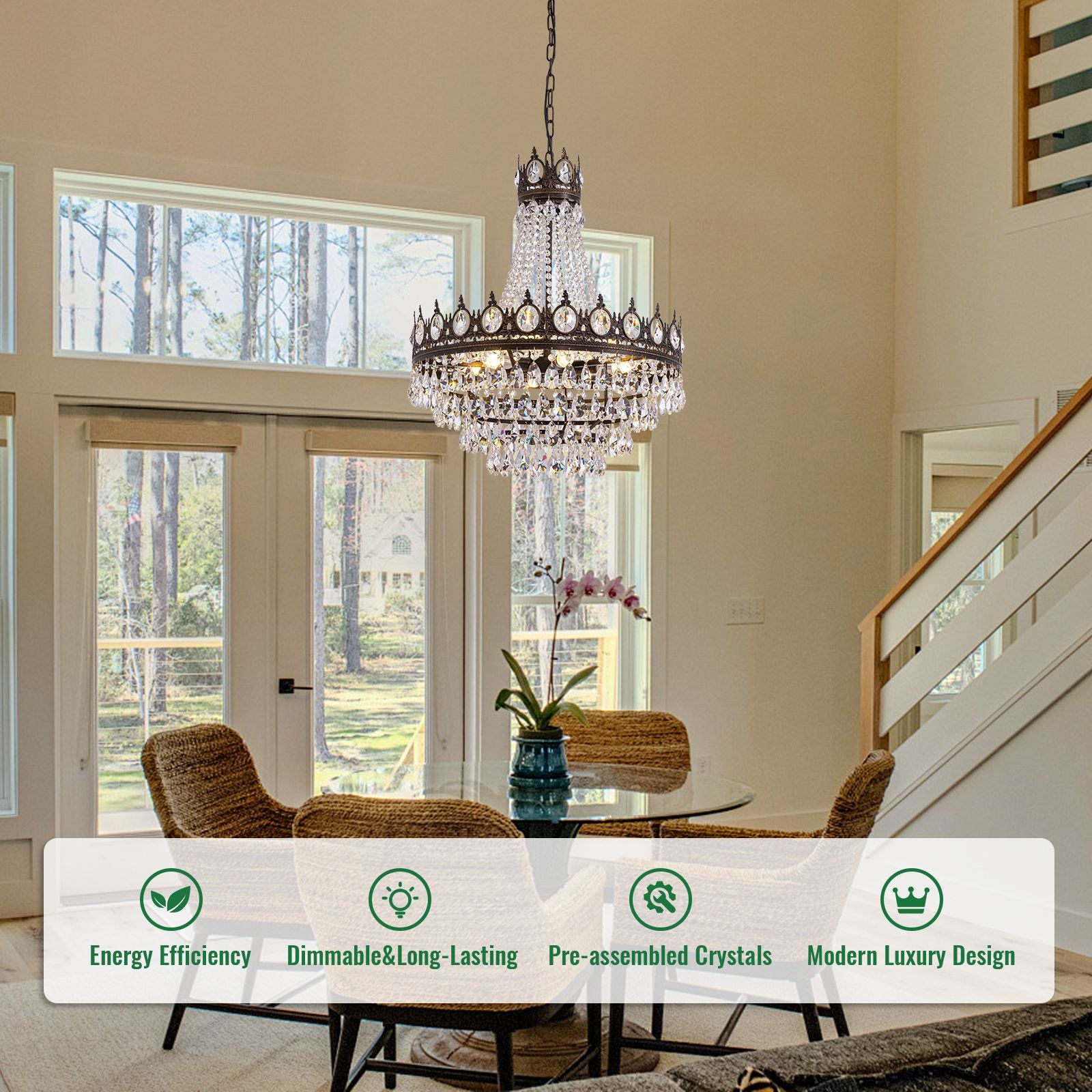 Aerian K9 Crystal Chandelier selling points — energy efficiency, dimmable & long-lasting, pre-assembled crystals, modern luxury design over glass dining table | Sofary Lighting