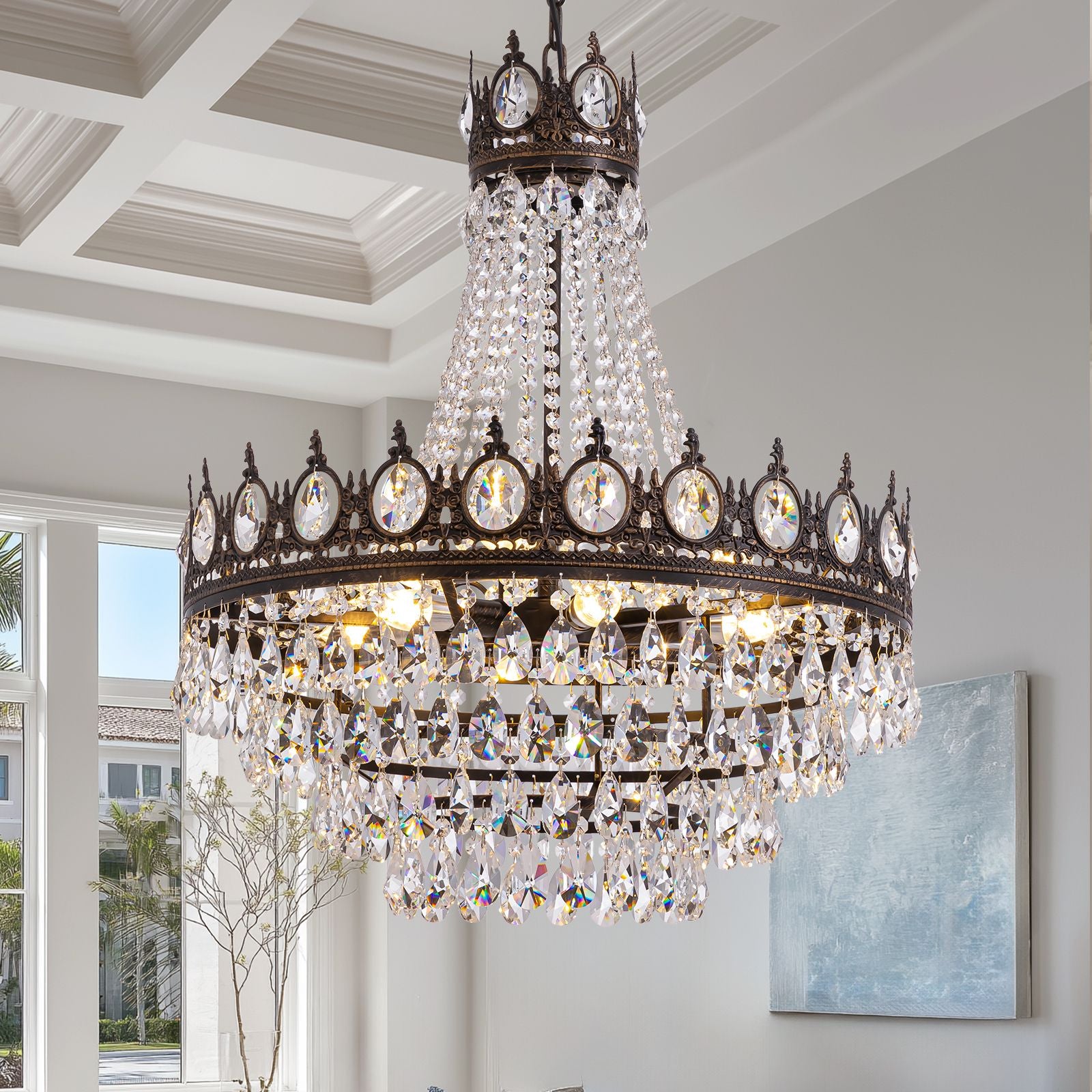 Aerian Modern Farmhouse K9 Crystal Chandelier — antiqued bronze frame, tiered crystal draping, coffered ceiling elegance, luxury vintage lighting fixture | Sofary Lighting