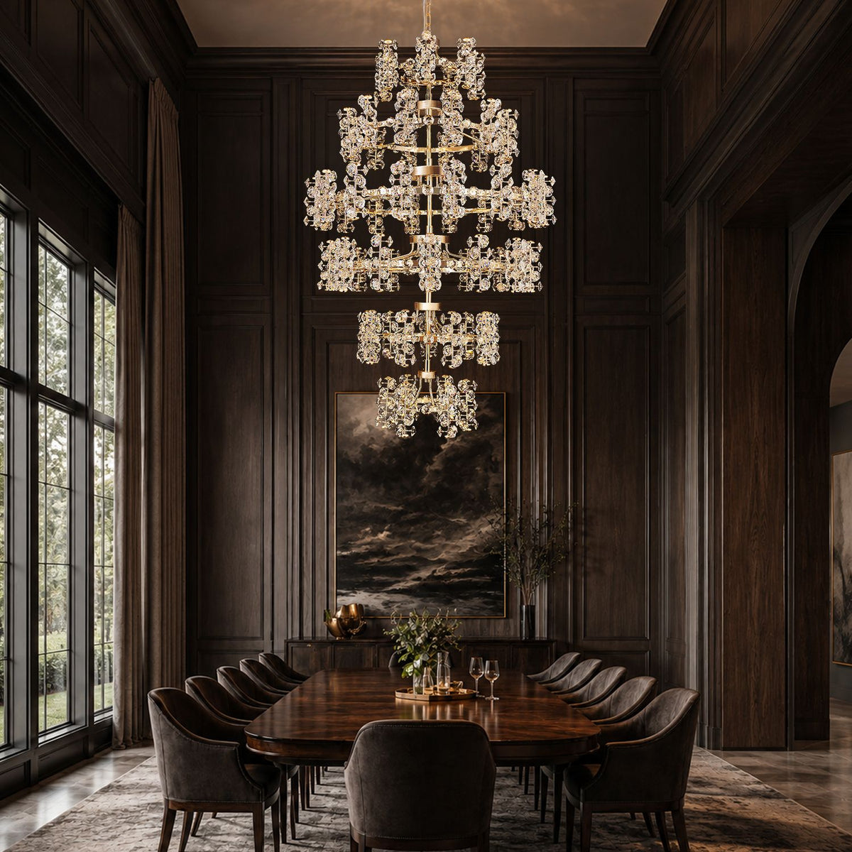 Aeriol K9 Crystal Chandelier over formal dining table — dark wood-paneled walls, upholstered chairs, classic paintings, warm crystal glow elevates dining ritual with luxury ambiance | Sofary Lighting