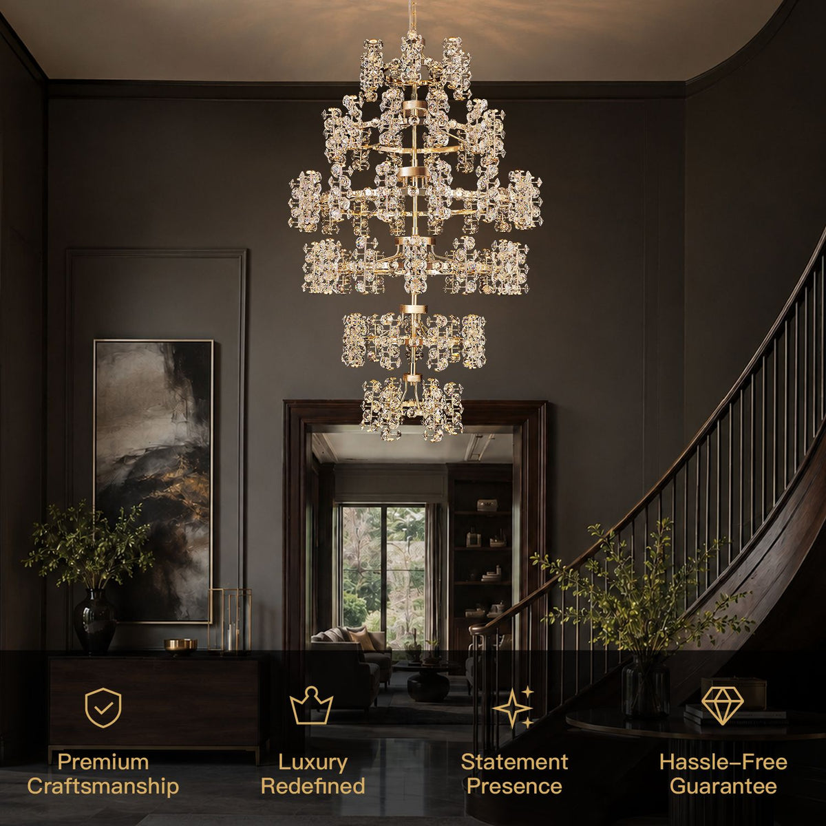 Aeriol Grand Staircase Chandelier key features — premium craftsmanship, luxury redefined, statement presence, hassle-free guarantee, hand-strung K9 crystals on gold electroplated frame | Sofary Lighting