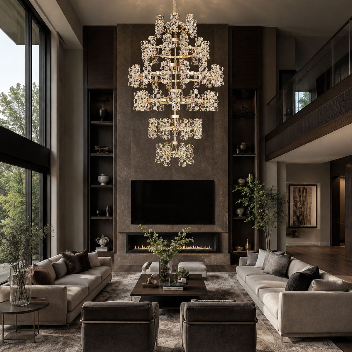Aeriol Chandelier in double-height living room — stone accent wall, linear fireplace, built-in shelving, leather seating, cascading crystal strands fill soaring ceiling void with brilliance | Sofary Lighting