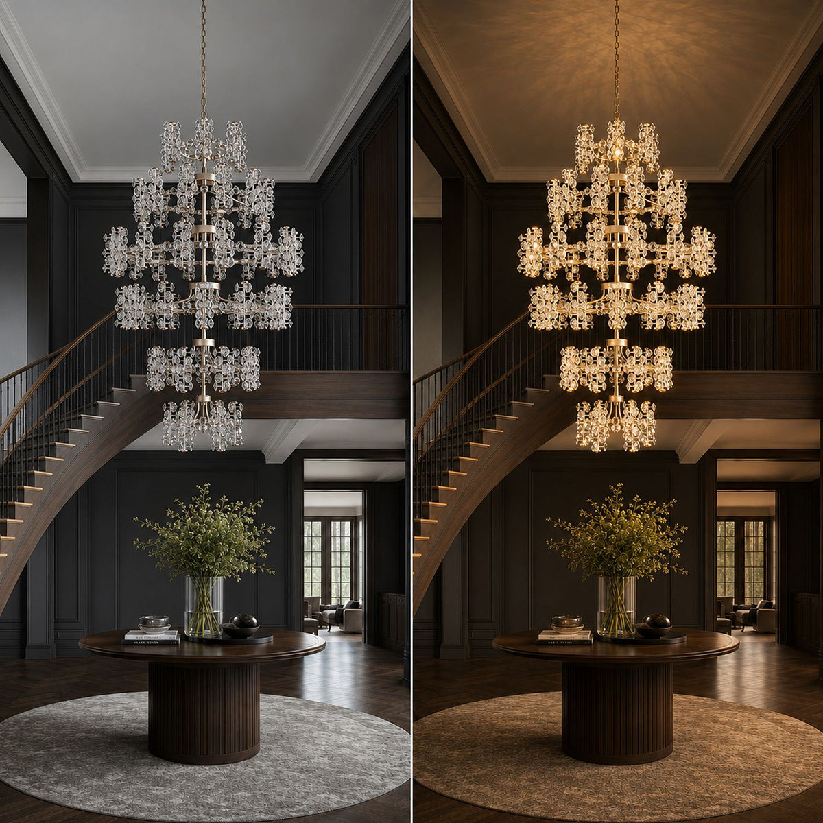 Aeriol Chandelier OFF vs ON comparison — left: unlit crystals show cool transparent elegance; right: illuminated K9 crystals refract warm golden light, creating dazzling rainbow sparkle throughout foyer | Sofary Lighting