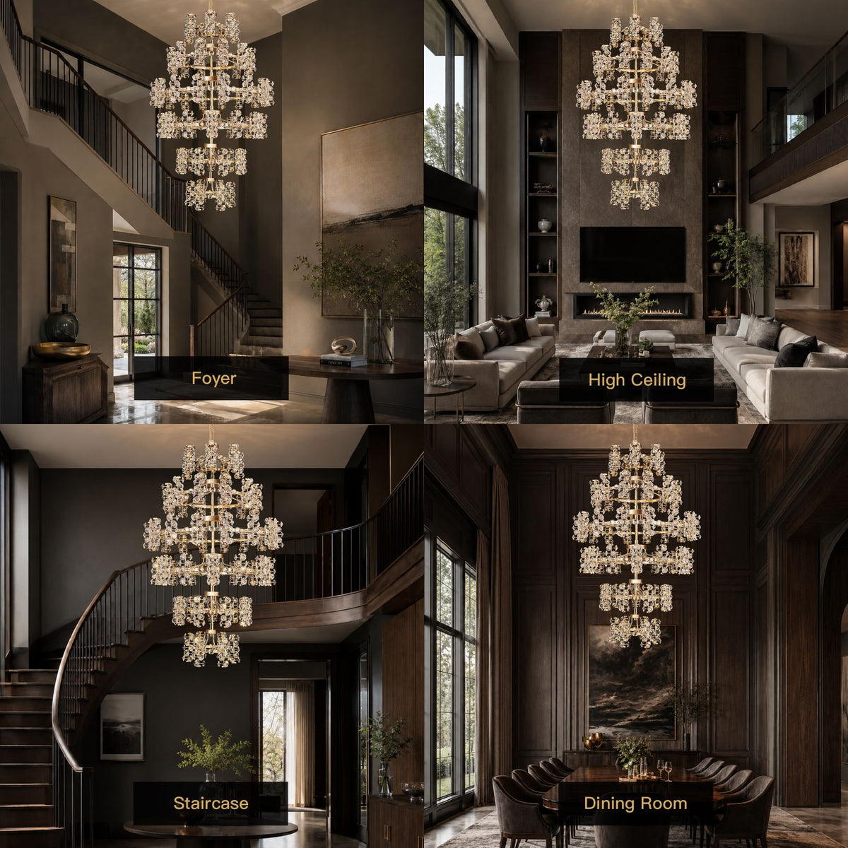 Aeriol K9 Crystal Chandelier in 4 luxury settings — foyer, high ceiling, staircase, dining room — showcasing grand staircase crystal cascade across double-height villas and mansion interiors | Sofary Lighting