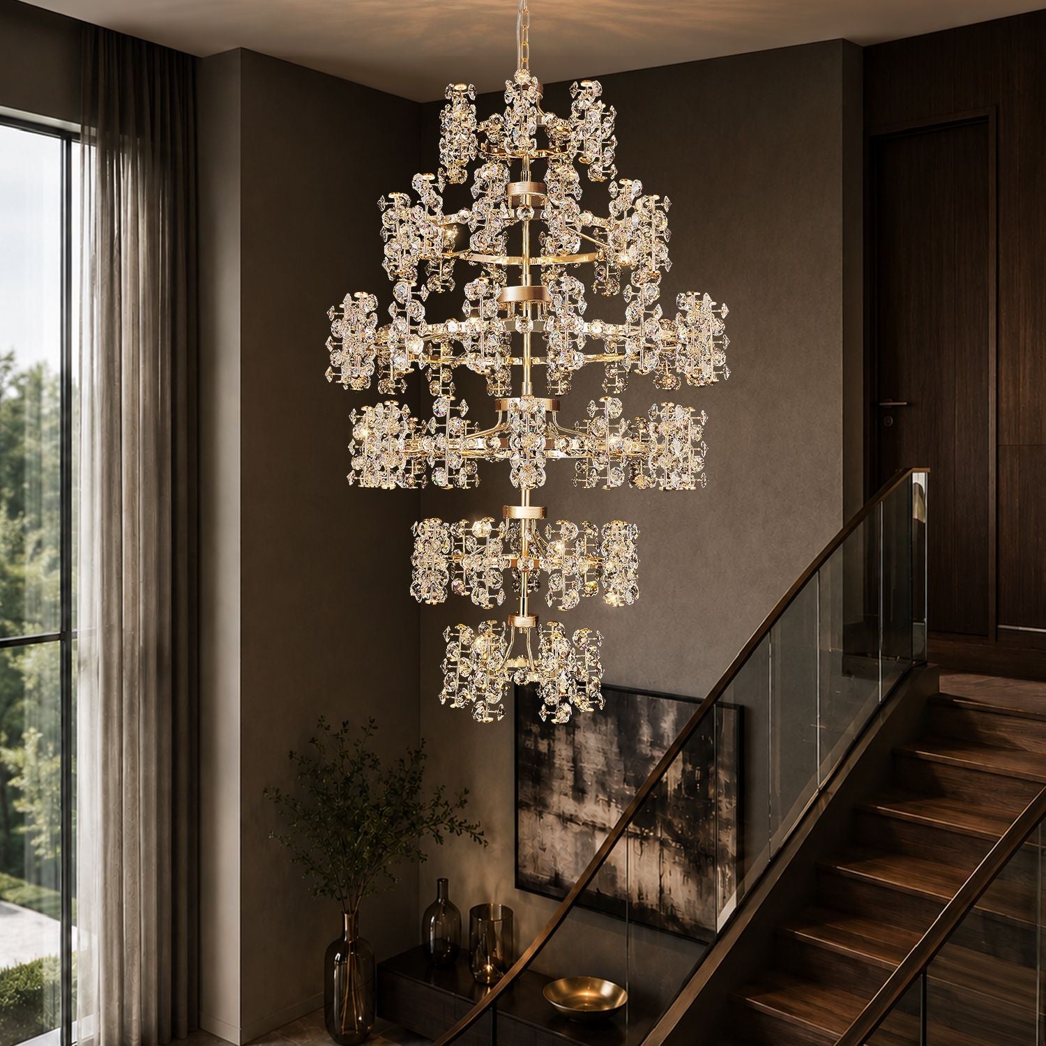 Aeriol 53.2" Grand Staircase K9 Crystal Chandelier — multi-tier gold frame, cascading crystal strands, premium K9 crystal waterfall design for luxury foyers and double-height spaces | Sofary Lighting