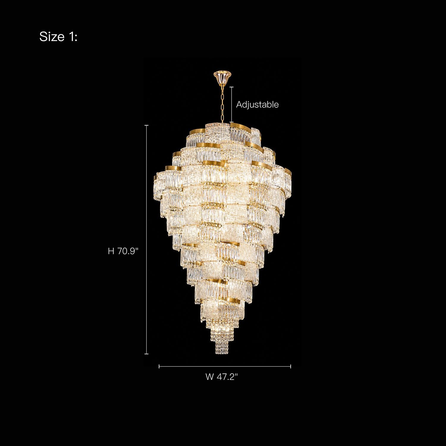 Aerioz grand waterfall crystal chandelier size 1 dimensions — 47.2" width, 70.9" height, adjustable hanging chain, gold finish, designed for double-height foyers staircases and high ceilings | Sofary Lighting