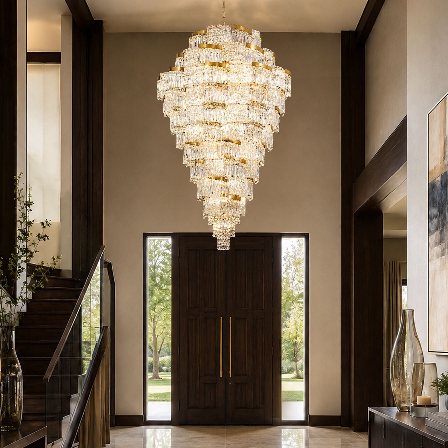 Aerioz chandelier in elegant foyer — double doors, natural light, tiered K9 crystal cascade, gold accents, luxurious first impression for mansion entryway | Sofary Lighting