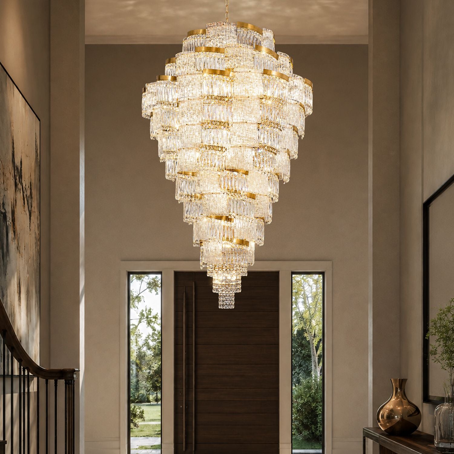 Aerioz grand multi-tier waterfall K9 crystal chandelier in luxury foyer — tiered cascading crystal strands, gold finish frame, dramatic entryway lighting, double-height ceiling statement piece | Sofary Lighting