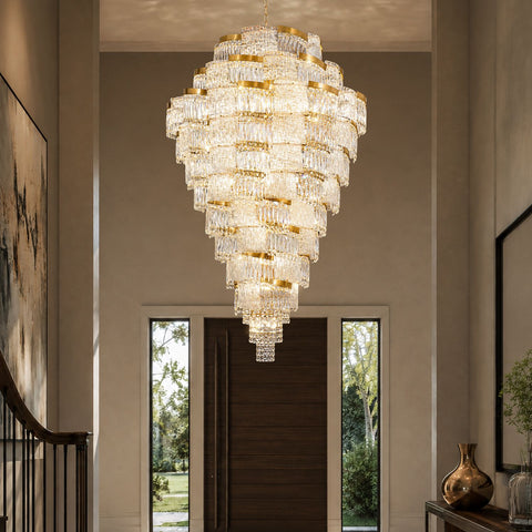 Aerioz grand multi-tier waterfall K9 crystal chandelier in luxury foyer — tiered cascading crystal strands, gold finish frame, dramatic entryway lighting, double-height ceiling statement piece | Sofary Lighting