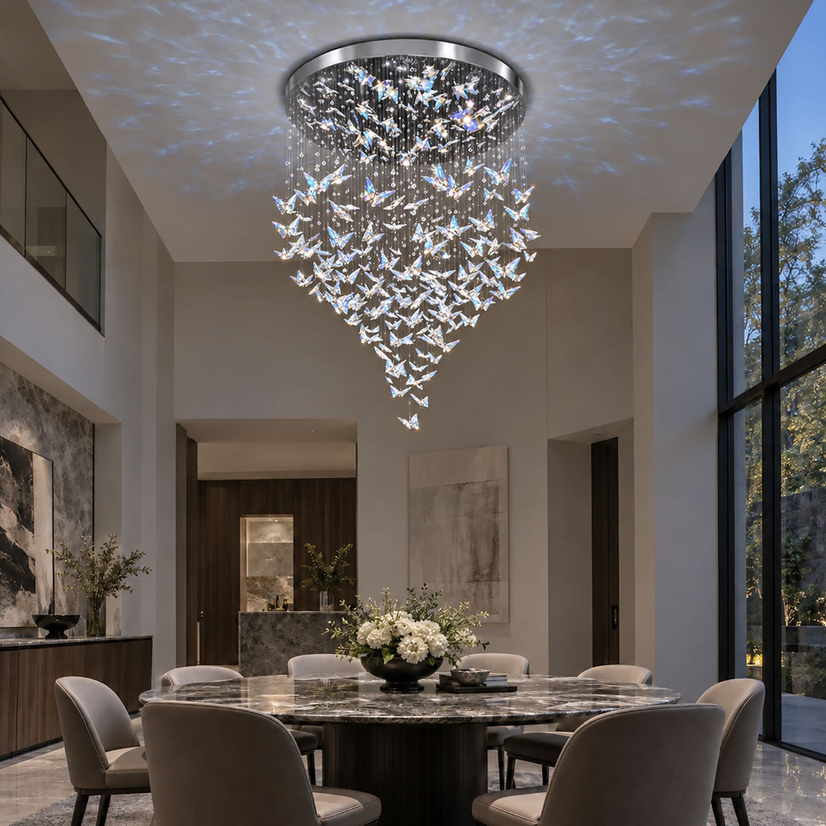 Aeris Butterfly Crystal Chandelier above formal dining table — dark wood table, cream chairs, floral centerpiece, dreamy crystal butterfly reflection | Sofary Lighting