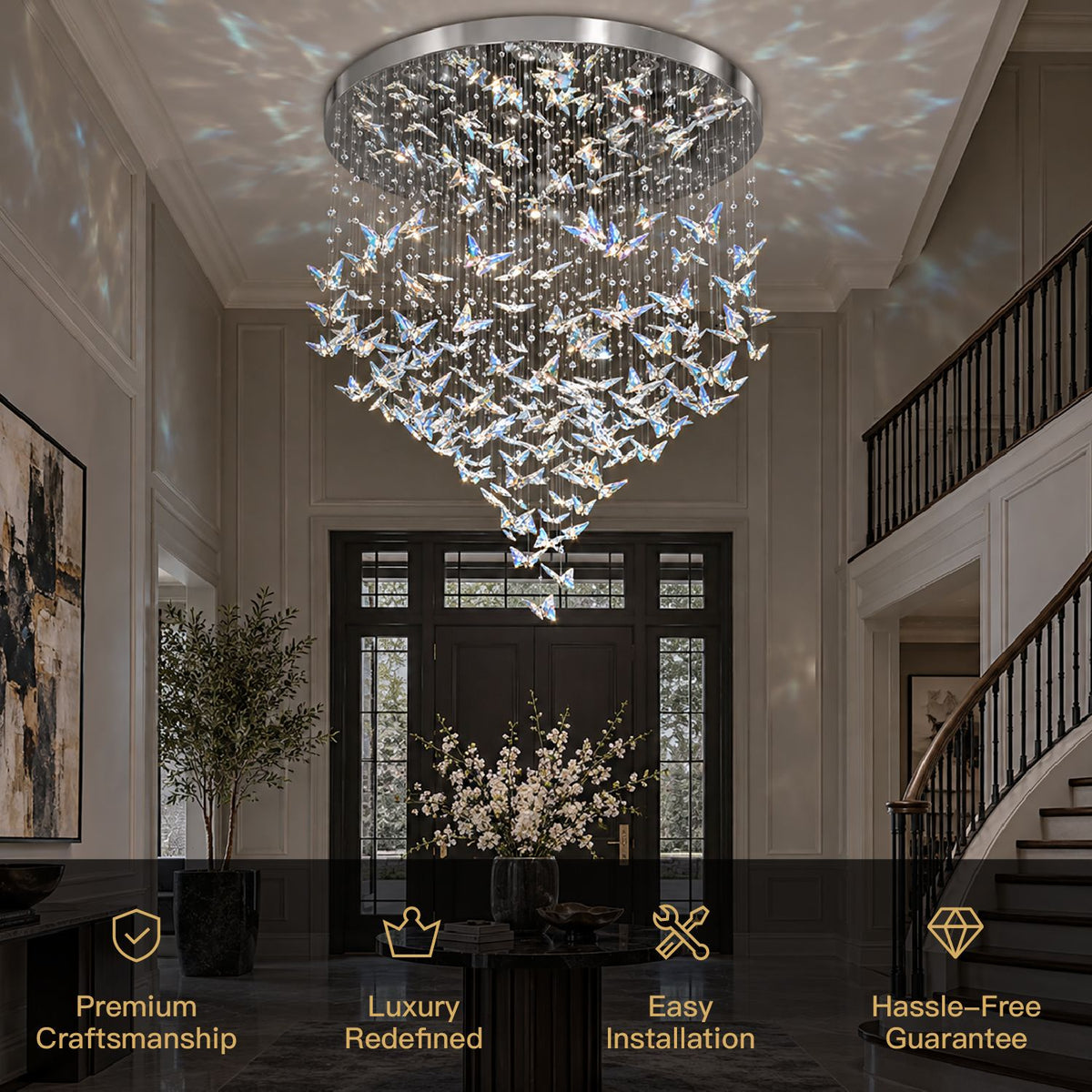 Aeris Butterfly Crystal Chandelier features — K9 crystal butterflies, dimmable LED, adjustable hanging wire, sloped ceiling compatible, luxury modern art lighting | Sofary Lighting