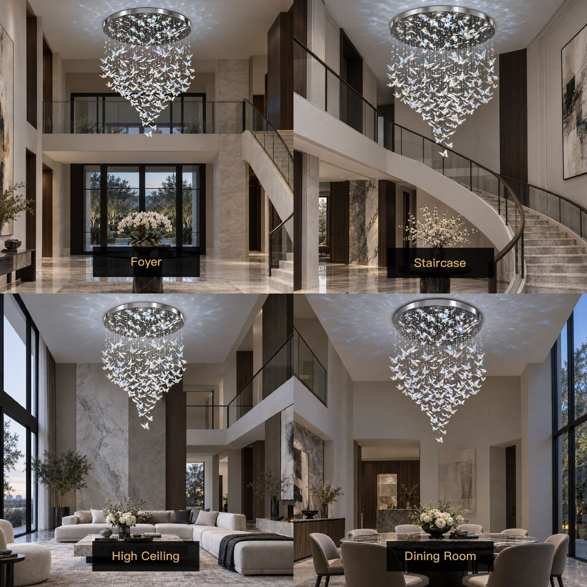 Aeris Butterfly Crystal Chandelier in 4 luxury settings — Foyer, Staircase, High Ceiling Living Room, Dining Room — artistic statement piece for modern villas | Sofary Lighting