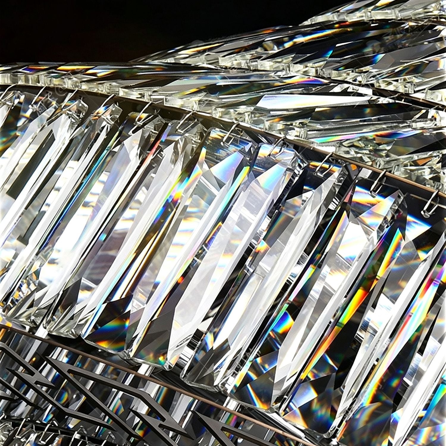 Aerive chandelier extreme close-up of K9 crystal prisms — faceted clear crystals creating rainbow light refraction, high-quality modern chrome hardware, luxurious texture | Sofary Lighting