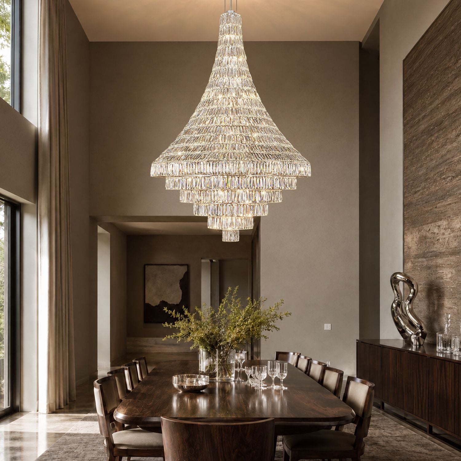Aerive modern chrome crystal chandelier in formal dining room — 39.4 inch tiered fixture over a long wooden table, creating a sophisticated and warm ambiance | Sofary Lighting
