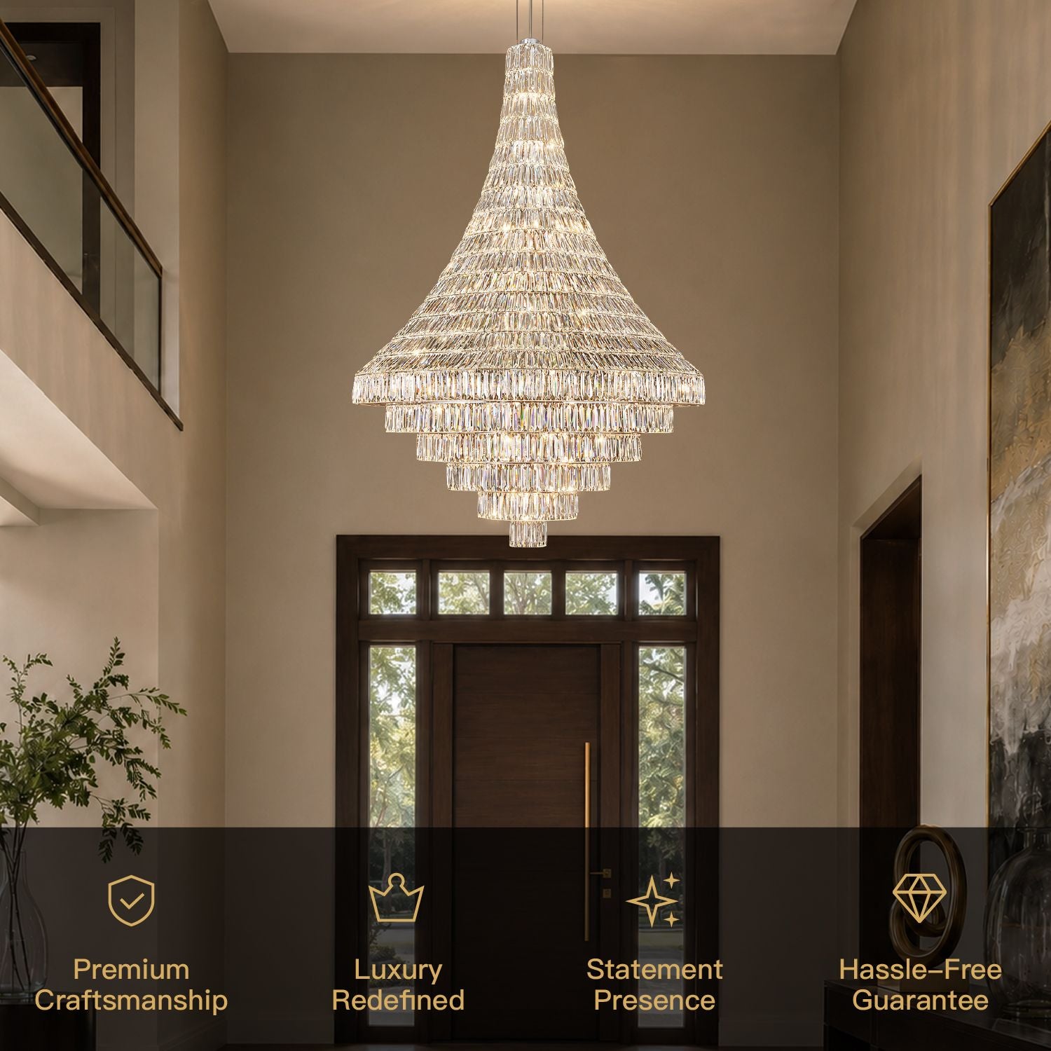 Aerive chrome crystal chandelier core features — premium craftsmanship, luxury redefined, statement presence, hassle-free guarantee, modern tiered crystal lighting for upscale interiors | Sofary Lighting