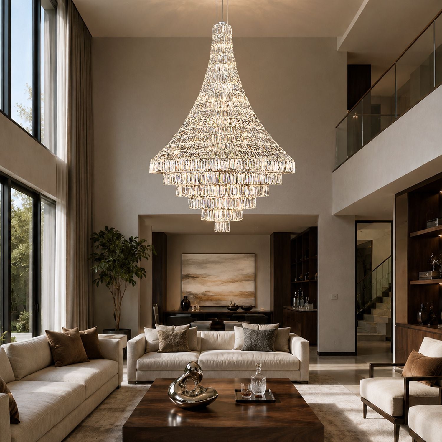 Aerive crystal chandelier in high ceiling living room — multi-tier chrome waterfall design illuminating a double-height space with modern furniture and large windows | Sofary Lighting