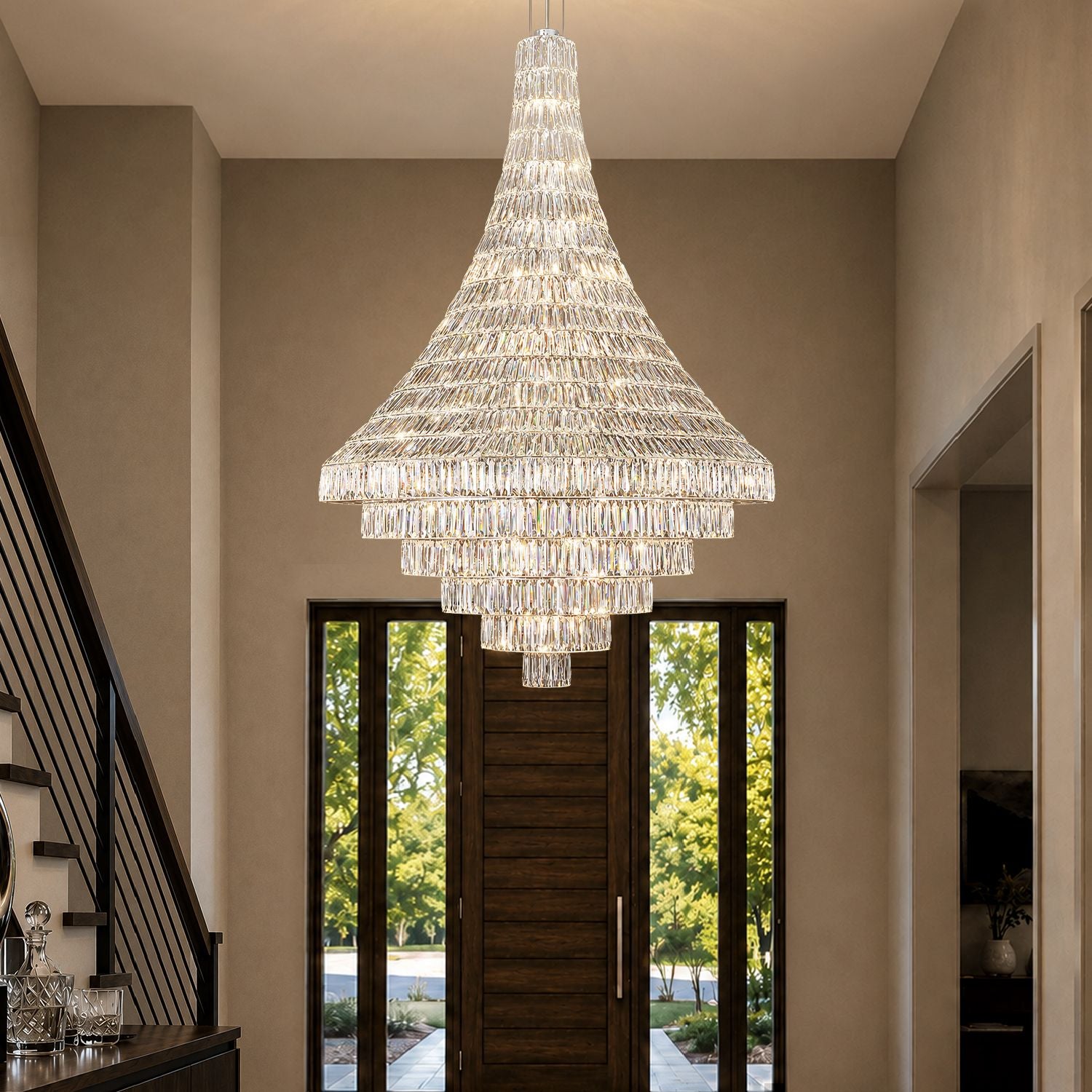 Aerive 39.4 inch modern chrome crystal chandelier main view — multi-tier waterfall design, polished chrome finish, luxury lighting fixture for grand foyer and double-height entryway | Sofary Lighting