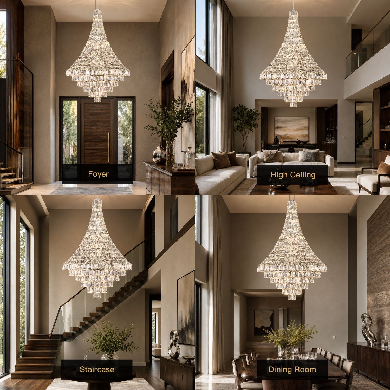 Aerive 39.4" chandelier 4-room application collage — installed in luxury foyer, high ceiling living room, modern staircase, and formal dining room, showcasing versatile grand scale | Sofary Lighting