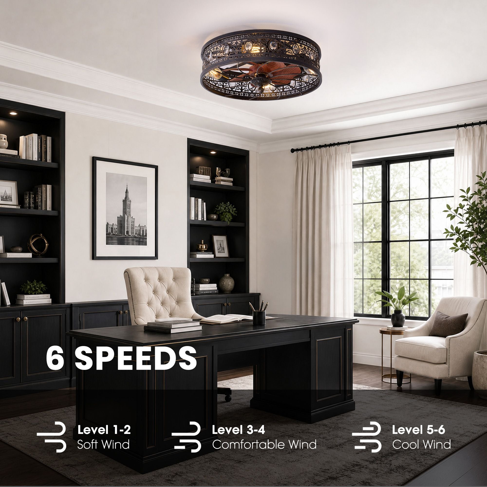 Aerof Ceiling Fan 6 speed settings — Level 1-2 soft wind, Level 3-4 comfortable wind, Level 5-6 cool wind, home office application | Sofary Lighting