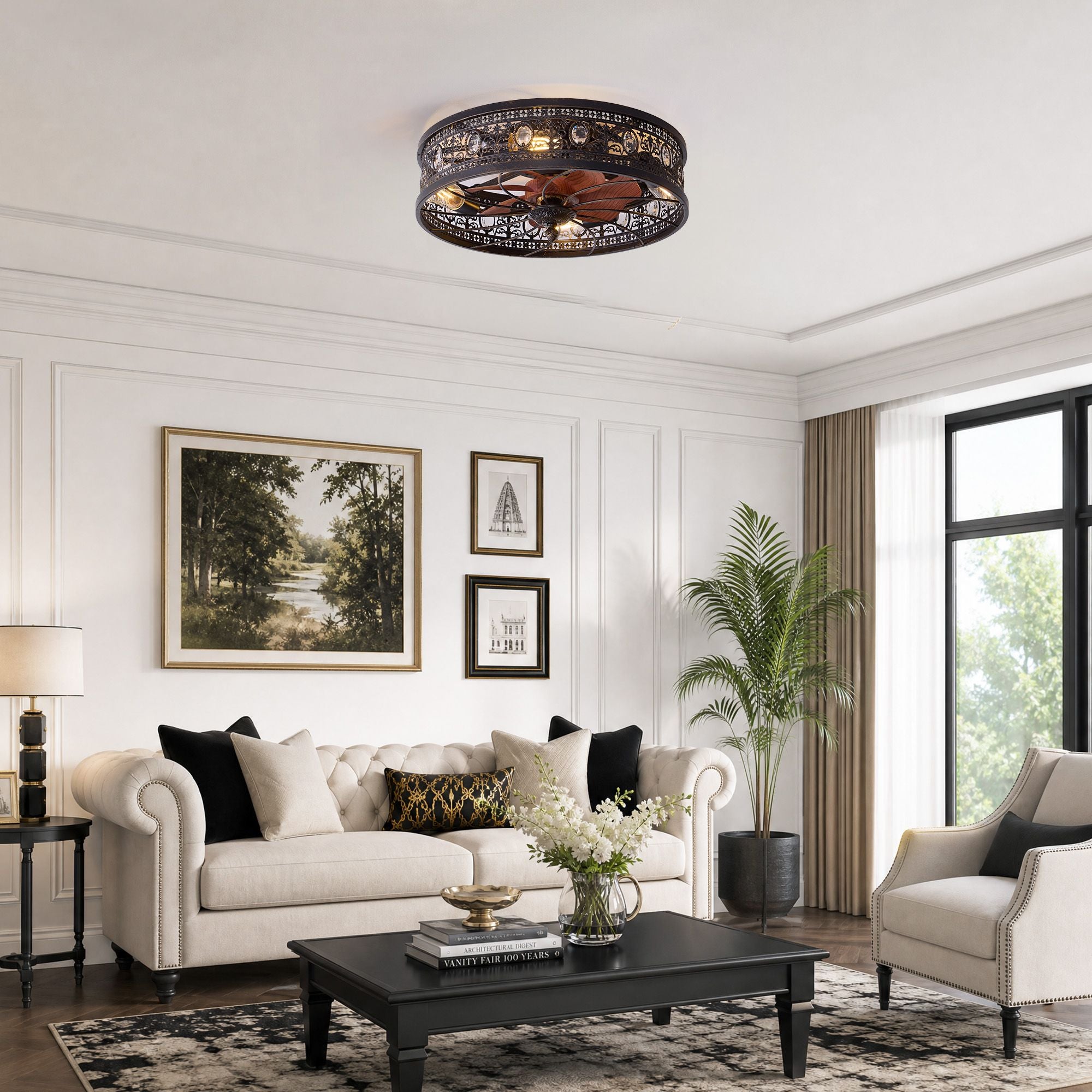 Aerof Caged Ceiling Fan in elegant living room — white paneled walls, beige sofa, black coffee table, large windows, vintage industrial charm | Sofary Lighting