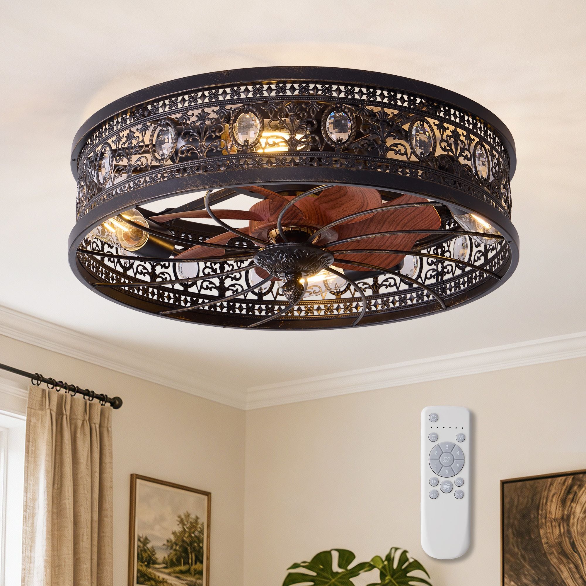Aerof 20" Modern Flush Mount Caged Ceiling Fan with Light — antique black metal cage, wood-grain blades, crystal accents, remote control, warm glow living room setting | Sofary Lighting