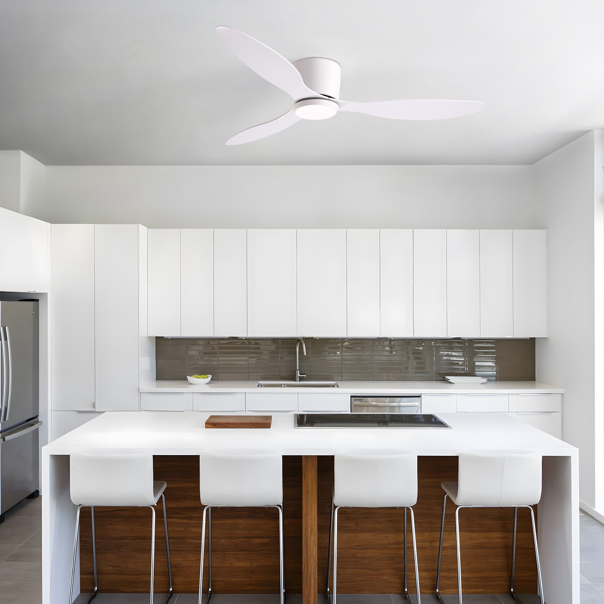 Aeroform Flush Mount Fan in modern white kitchen — marble countertop, bar stools, stainless steel fridge, provides efficient airflow over cooking area | Sofary Lighting