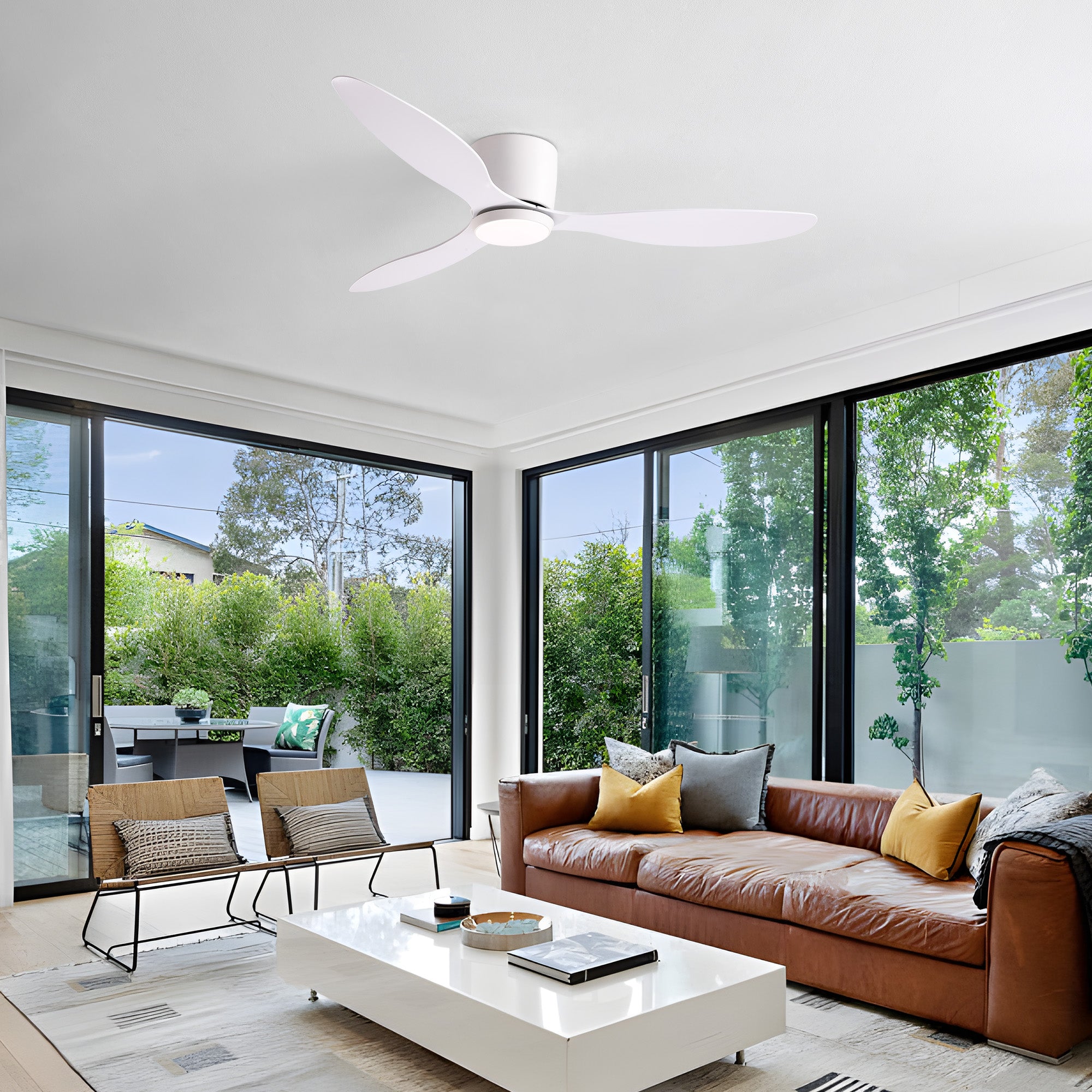 Aeroform Ceiling Fan in cozy minimalist living room — arched mirror, fireplace, leather sofa, warm ambiance with dimmable LED and whisper-quiet fan | Sofary Lighting