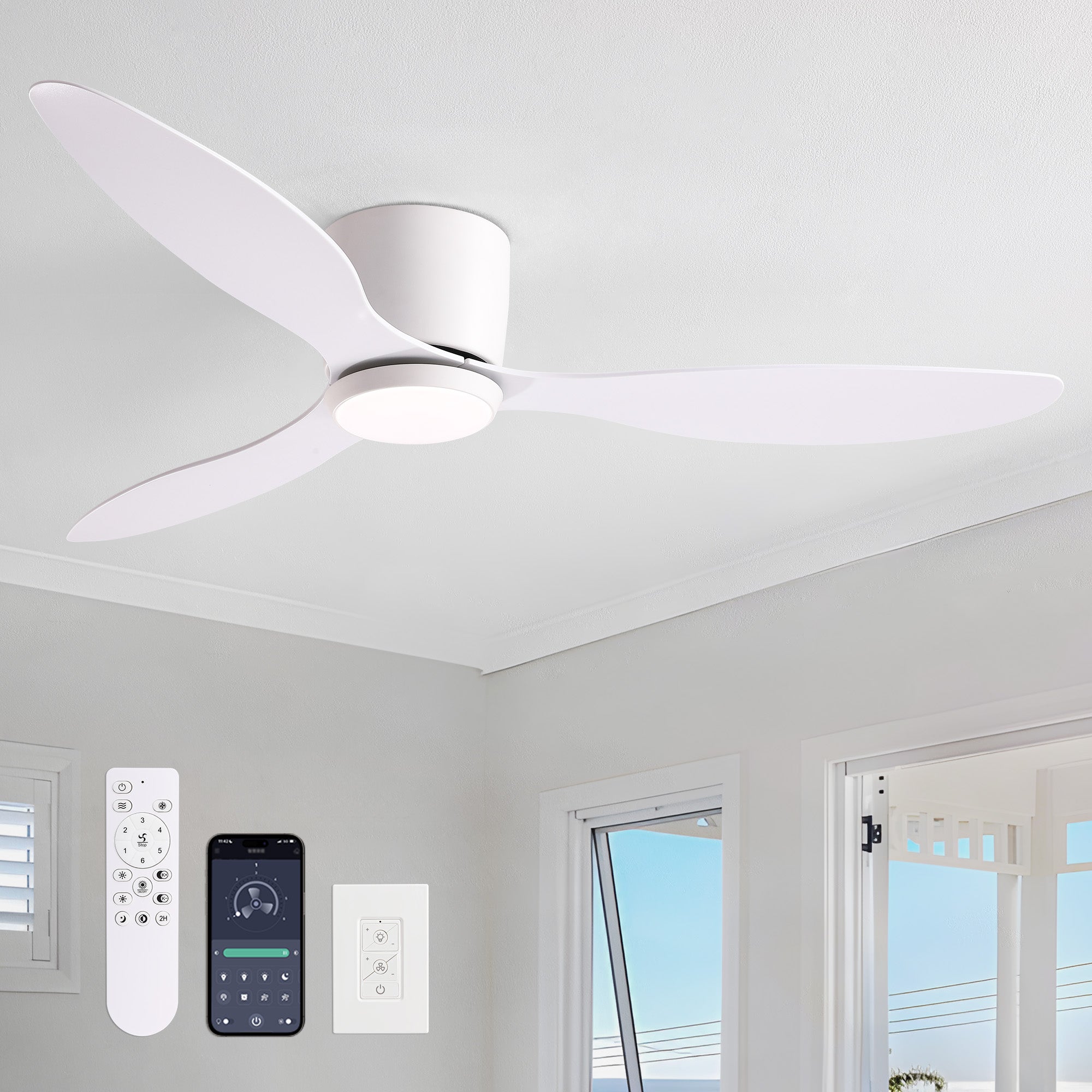 Aeroform White Flush Mount Ceiling Fan with integrated LED light, 3-blade design, remote/wall/app control, ultra-quiet DC motor for modern homes | Sofary Lighting