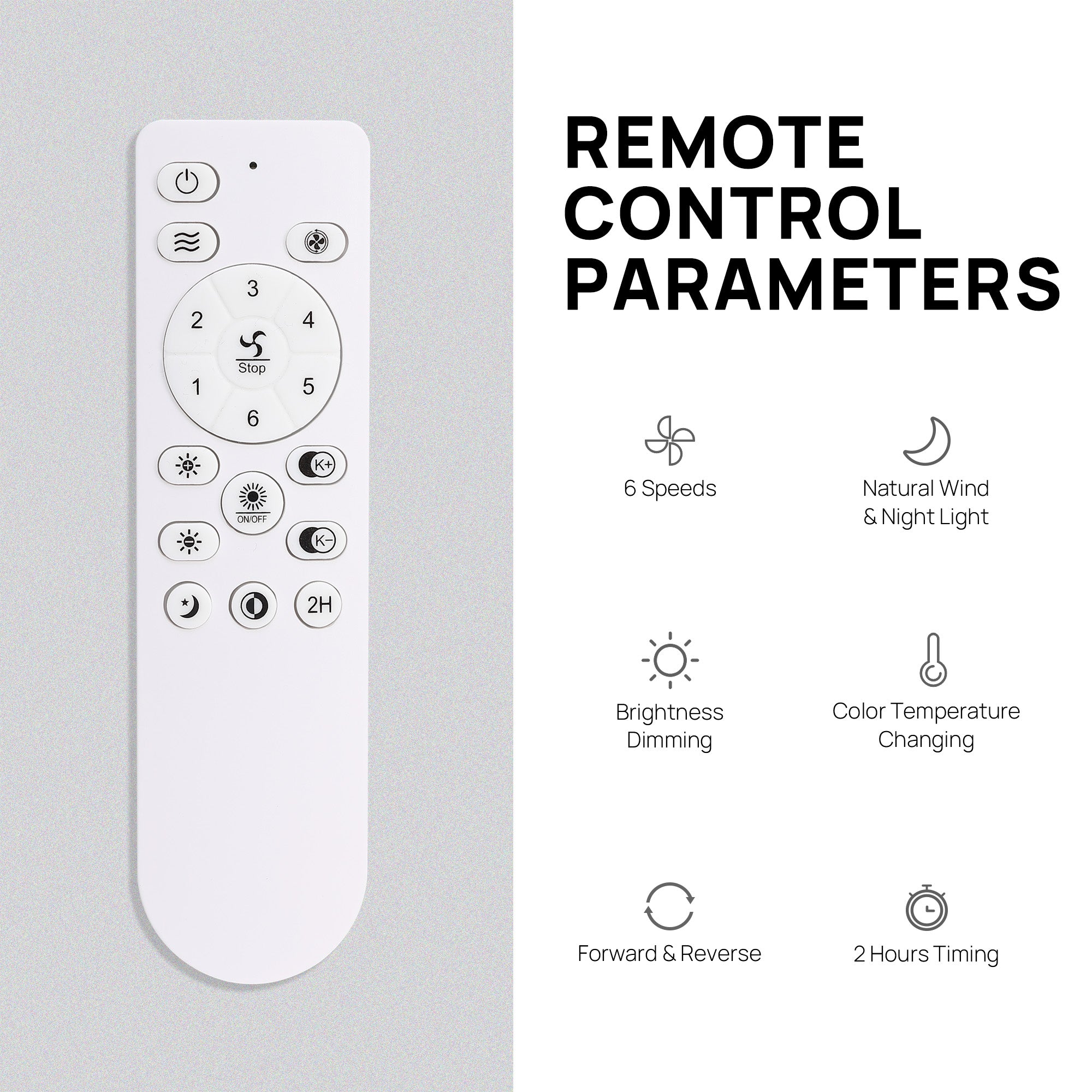 Aeroform Ceiling Fan remote control parameters — 6 speeds, natural wind & night light, brightness dimming, color temperature changing, forward/reverse, 2-hour timer | Sofary Lighting