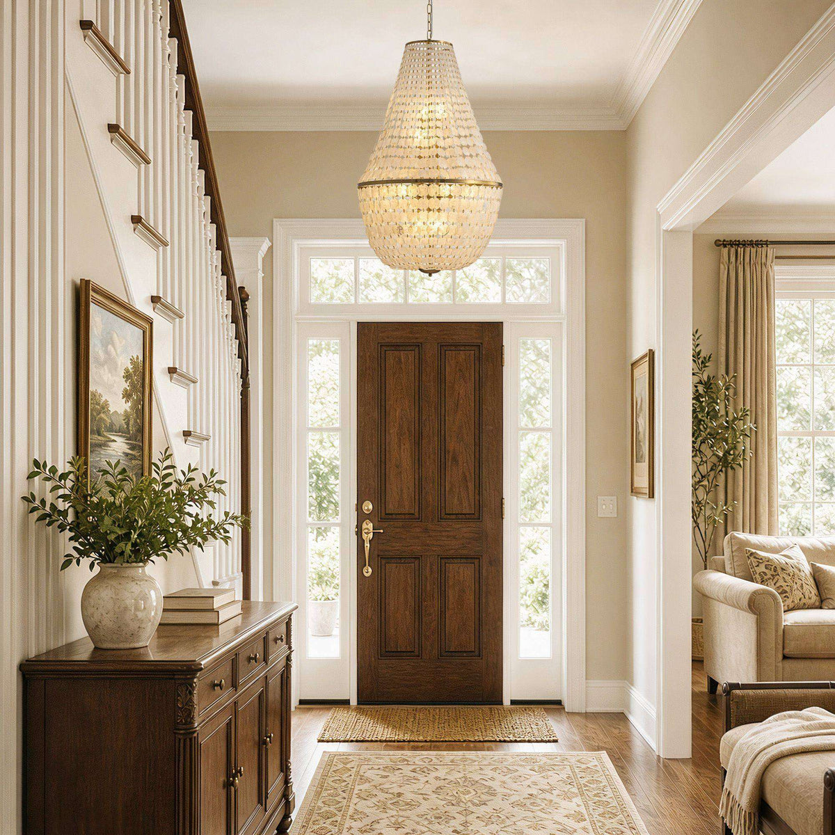 Aeroh Shell Chandelier in elegant foyer — wood front door with glass panels, staircase, rug, dark wood console, warm natural shell disc glow, entryway decor | Sofary Lighting