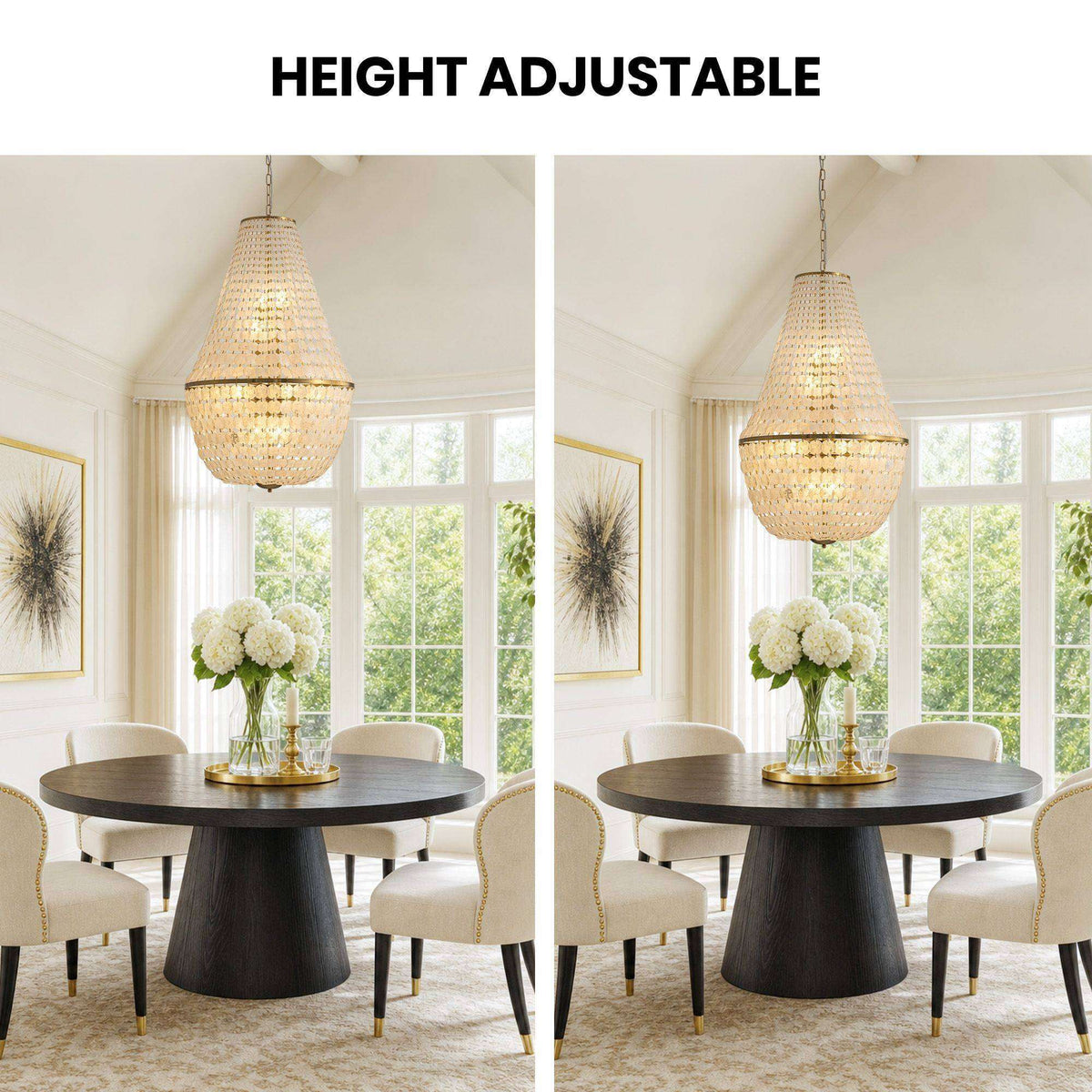 Aeroh Shell Chandelier height adjustable — two lengths shown over round dining table, adjustable chain/cord, same teardrop shell pendant, flexible hanging height | Sofary Lighting