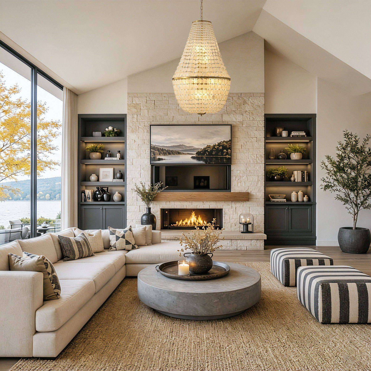 Aeroh Shell Chandelier in vaulted living room — stone fireplace, wall-mounted TV, L-shaped sofa, round coffee table, large windows, coastal warm glow | Sofary Lighting