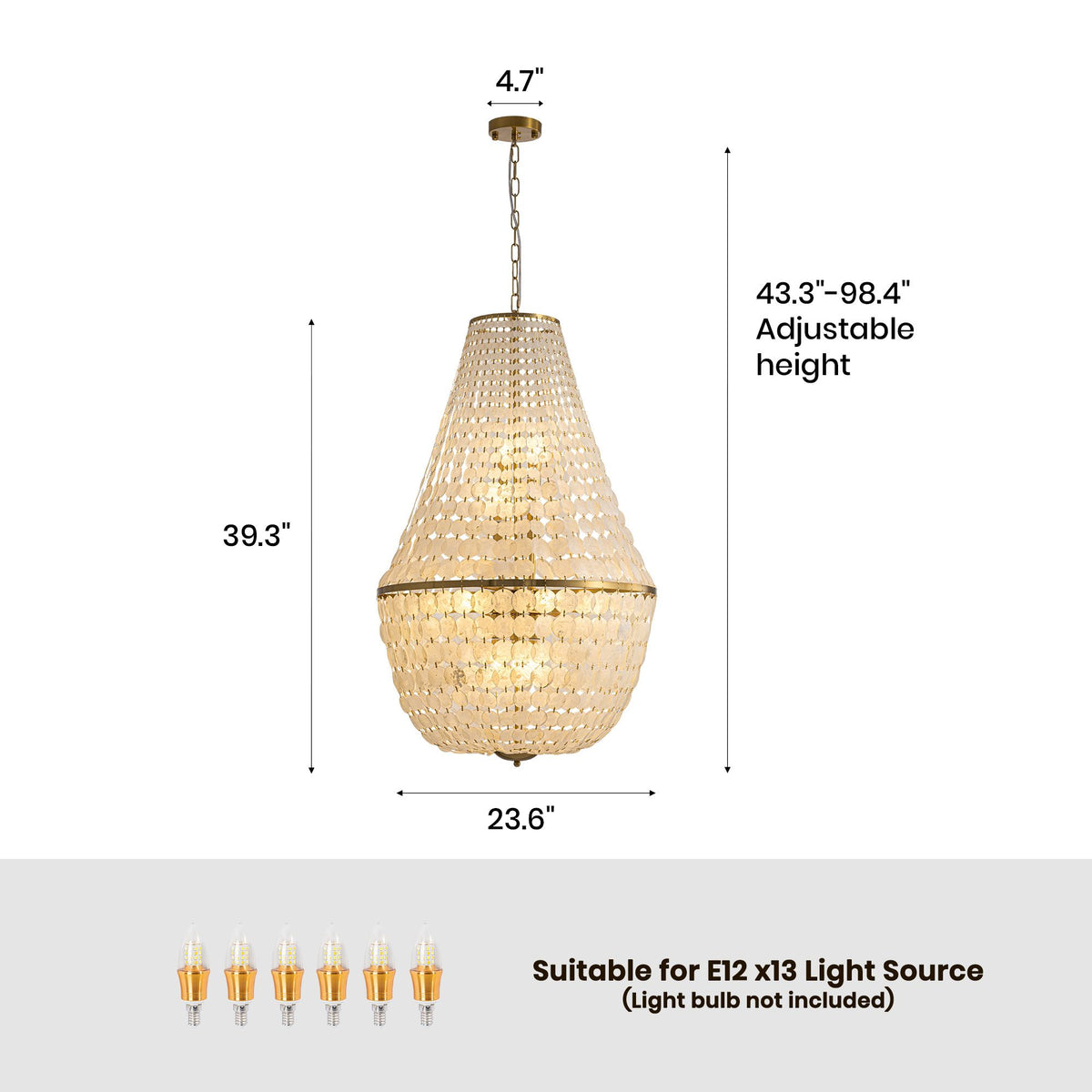 Aeroh Shell Coastal Gold Chandelier dimensions — W 23.6" (60cm), fixture height 39.3" (100cm), adjustable height 43.3"-98.4" (110-250cm), 4.7" canopy. Suitable for E12 x 13 light source (bulb not included), teardrop shell disc pendant | Sofary Lighting