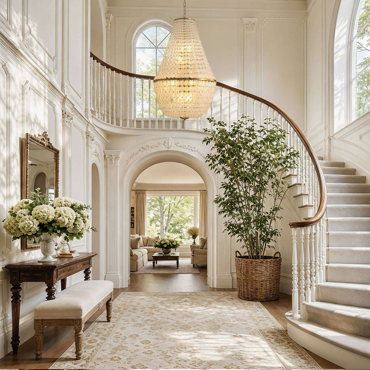 Aeroh Coastal Gold Chandelier over curved staircase — double-height foyer, arched entryway, large potted plant, white railings, cascading shell discs | Sofary Lighting