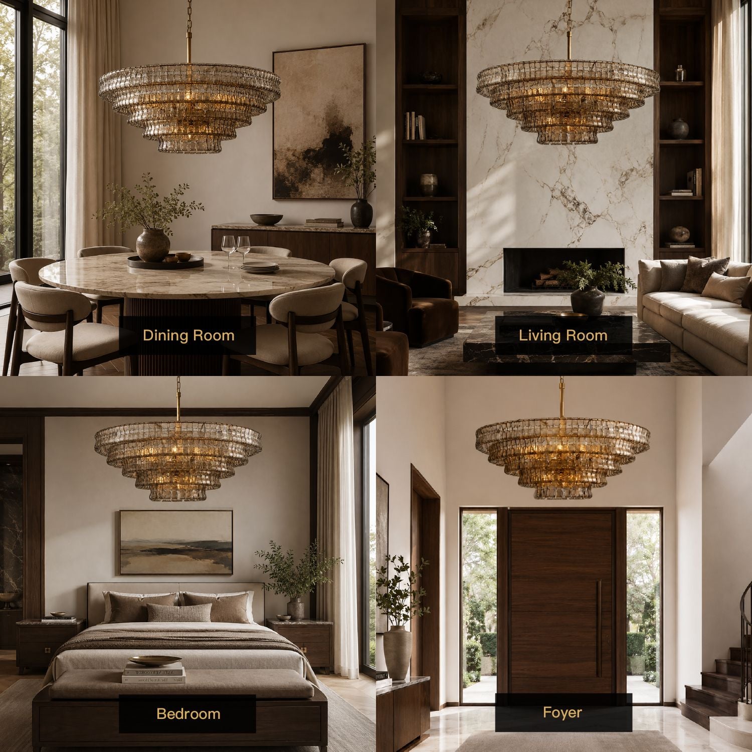 Aerore gold glass chandelier in 4 luxury settings: Dining Room, Living Room, Bedroom, and Foyer — versatile for modern, transitional, and minimalist interiors | Sofary Lighting