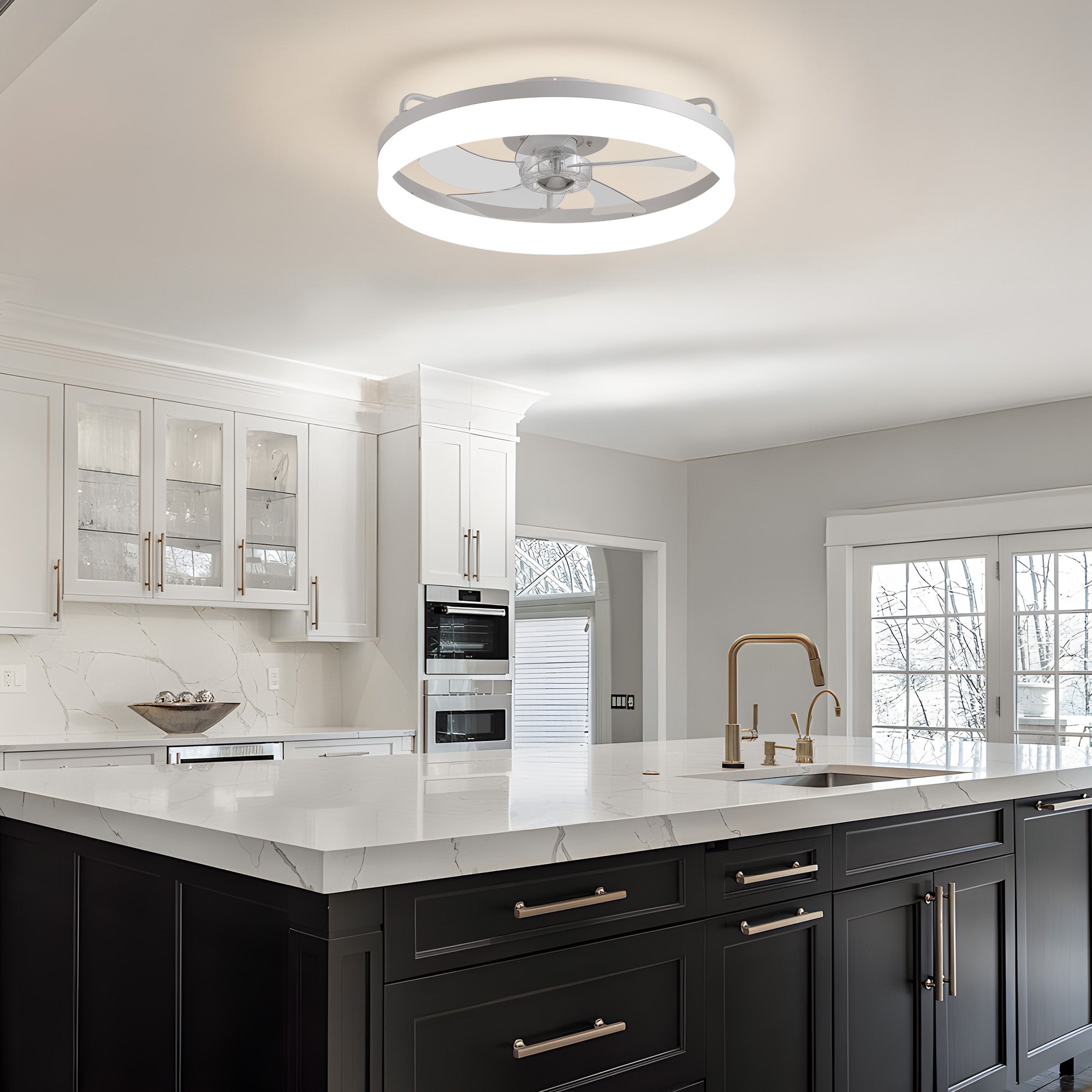 Aeros Ceiling Fan in modern kitchen — white cabinetry, marble countertop, gold hardware, provides fresh airflow over island seating area | Sofary Lighting