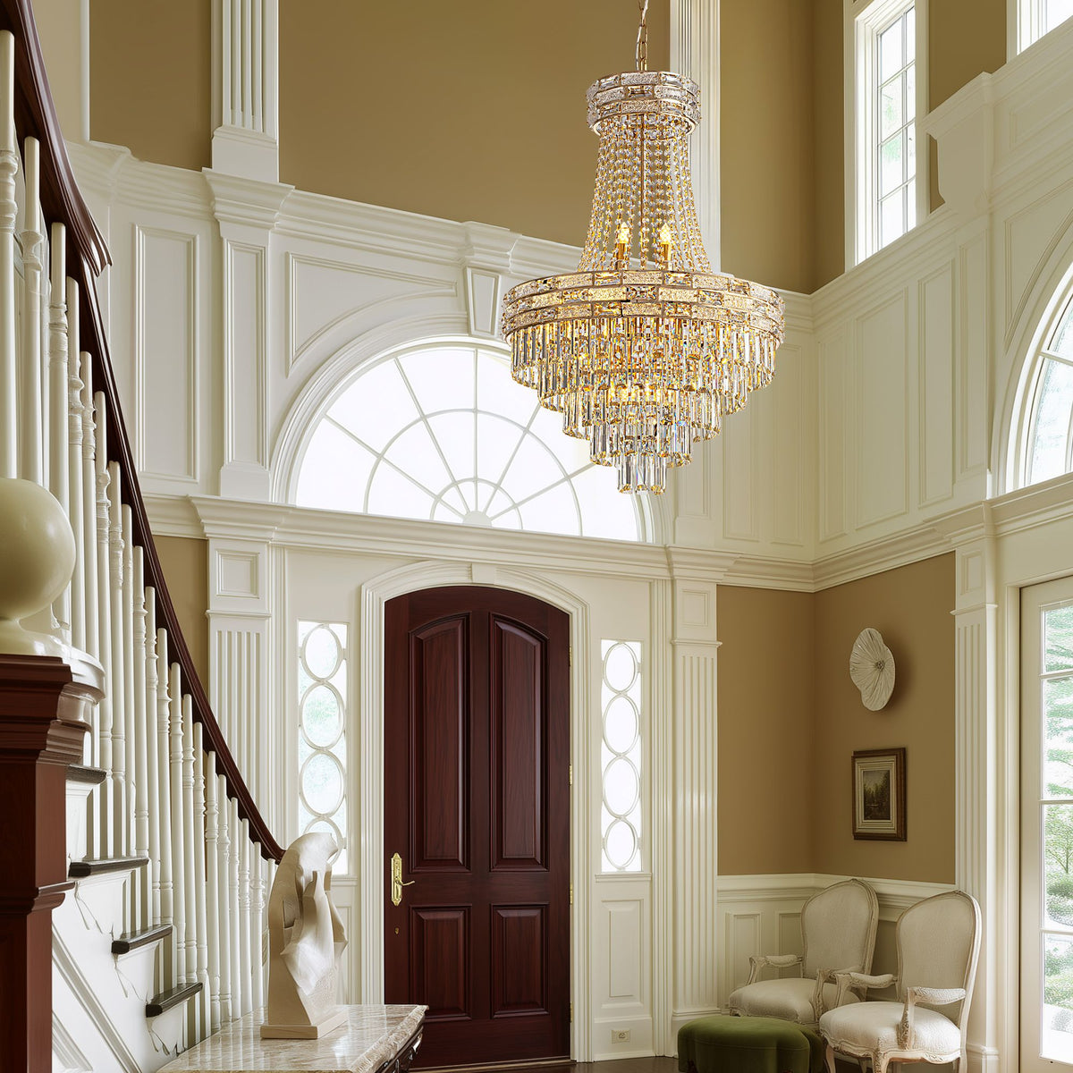 Aeros Empire Chandelier in elegant foyer — arched entryway, dark wood double doors, white wainscoting, staircase, grand tiered crystal pendant light | Sofary Lighting