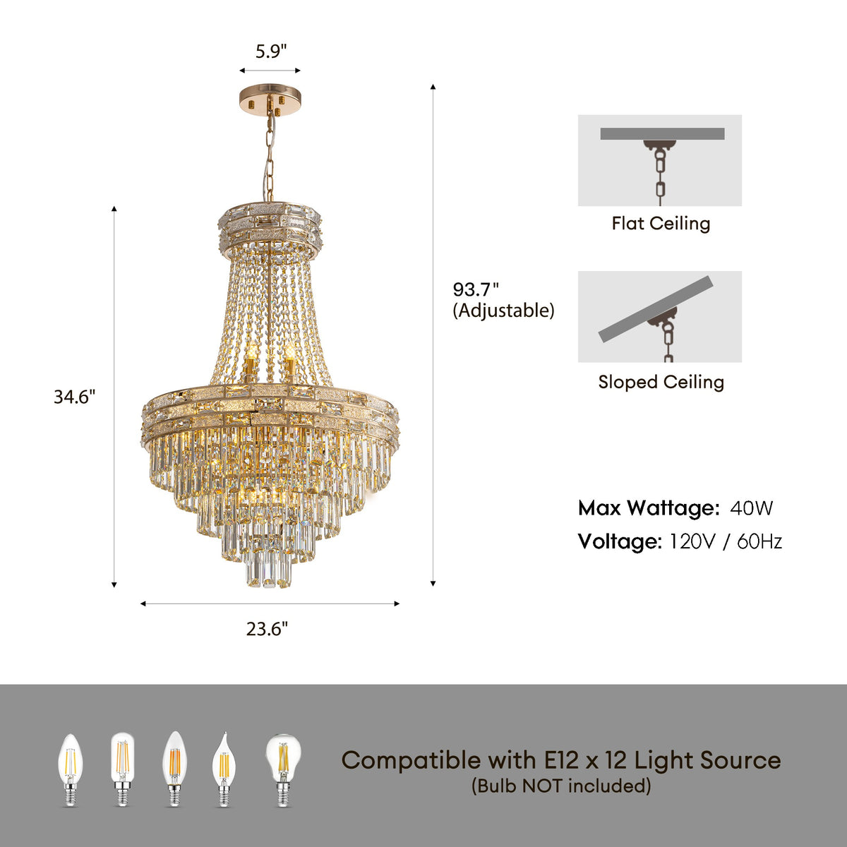 Aeros Empire Modern Gold Crystal Chandelier dimensions — W 23.6" (60cm), fixture height 34.6" (88cm), max adjustable height 93.7" (238cm), 5.9" canopy. Compatible with flat and sloped ceilings. E12 x 12 light source (bulb not included), max 40W, 120V/60Hz | Sofary Lighting