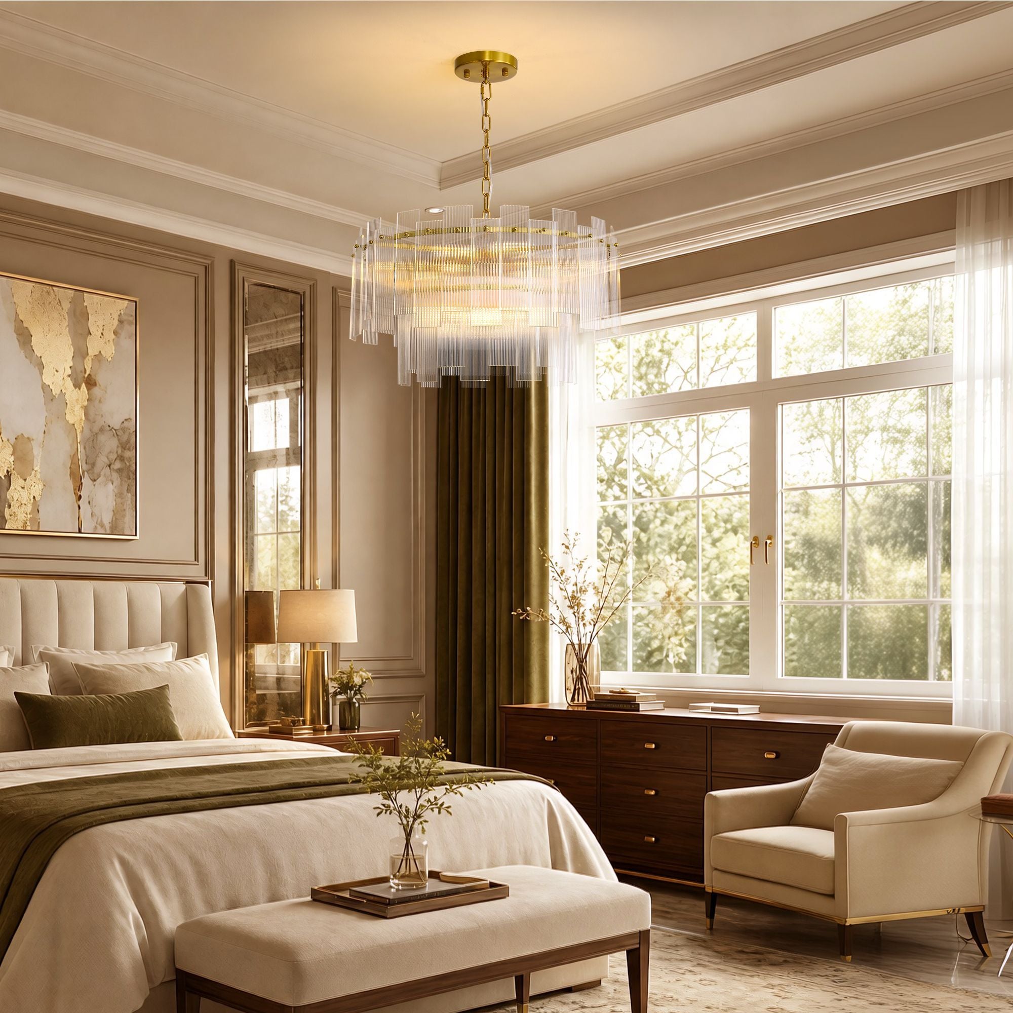 Aerosel Brass Glass Chandelier in serene bedroom — beige bed, green accents, wooden dresser, large windows, soft ambient glow | Sofary Lighting