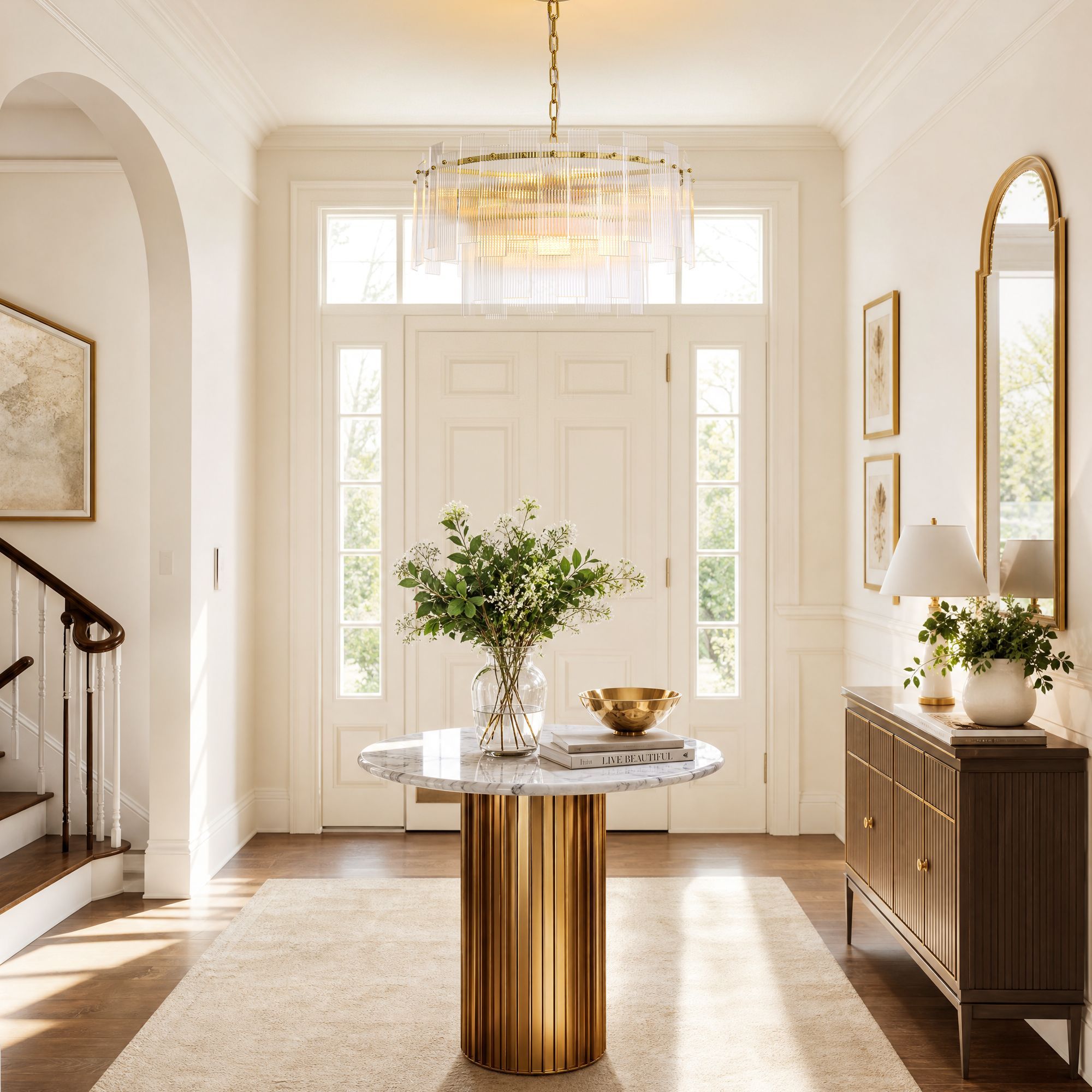 Aerosel Brass Glass Chandelier in sunlit foyer — white paneled walls, arched doorway, console table, potted plant, natural light | Sofary Lighting